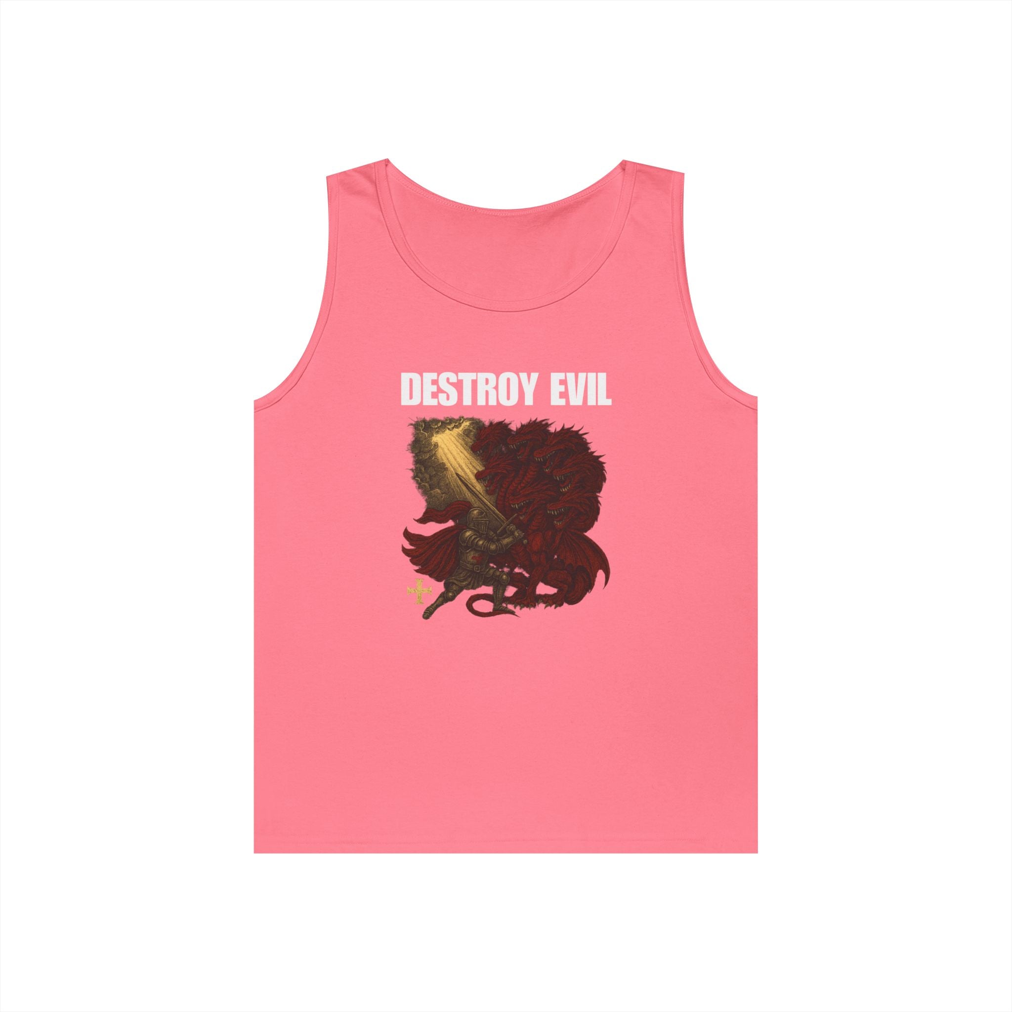 Heavy Cotton Tank Top with 'Destroy Evil' Crusader Defeating the Great Red Dragon Design