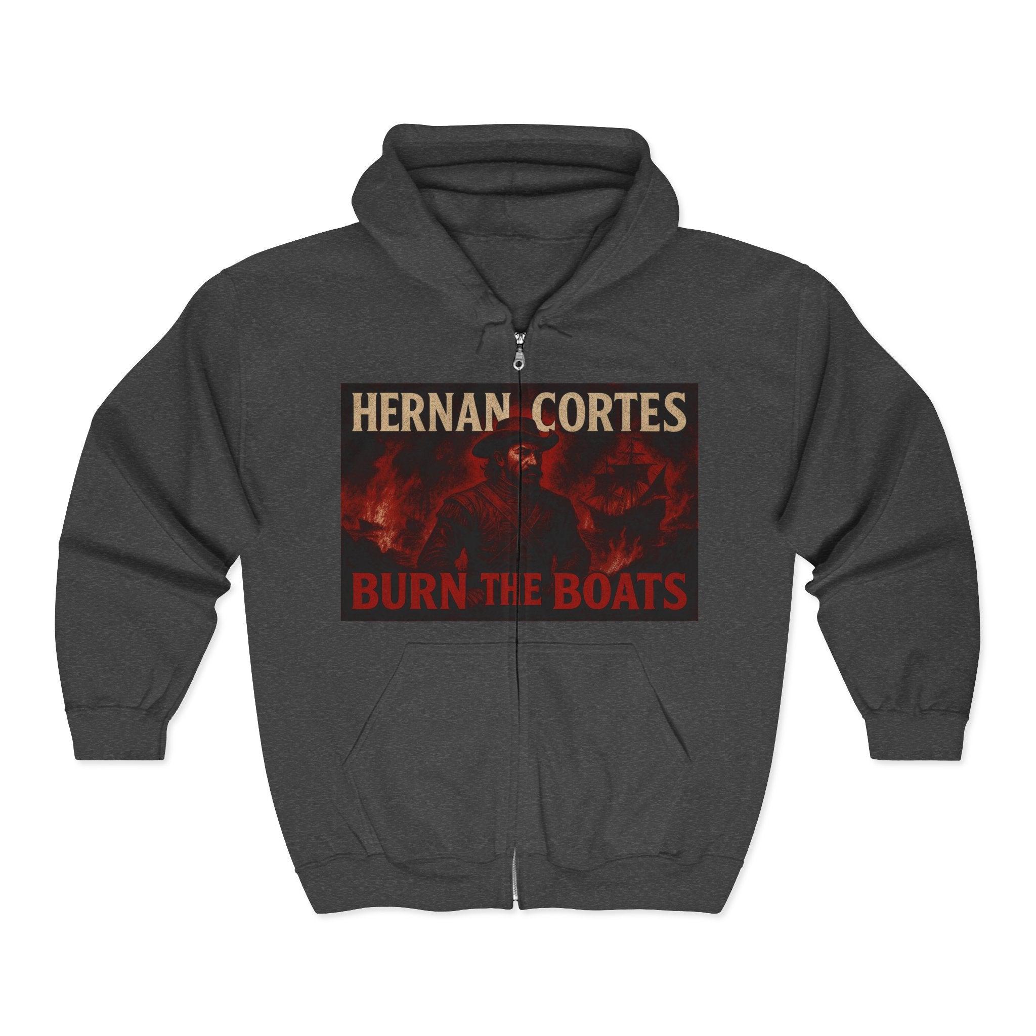 Hernan Cortes 'Burn Boats' Unisex Zip Hoodie