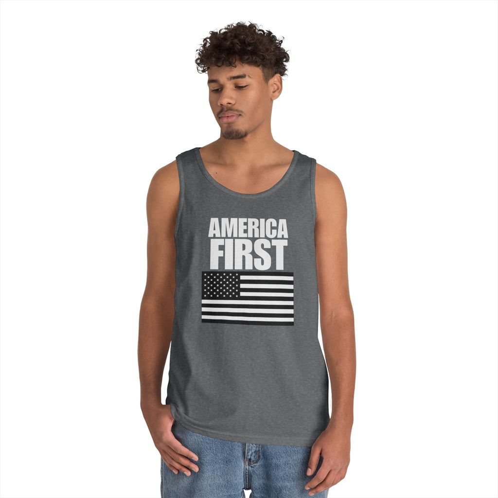America First Black and White American Flag Heavy Cotton Tank Top