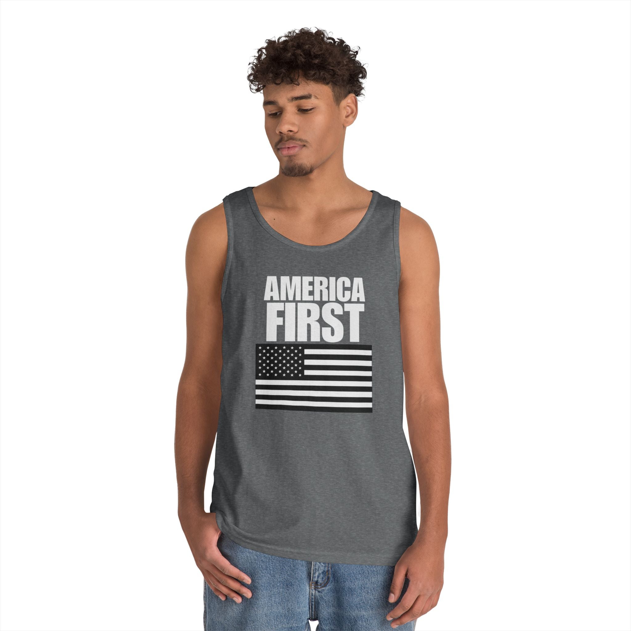 America First Black and White American Flag Heavy Cotton Tank Top