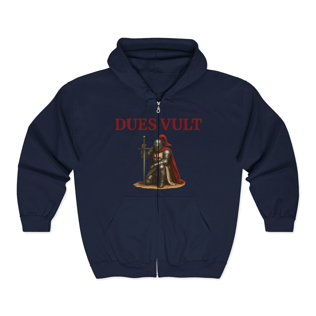 Crusader Knight Dues Vult Zip Up Hoodie, Dues Vult Zippered Sweatshirt