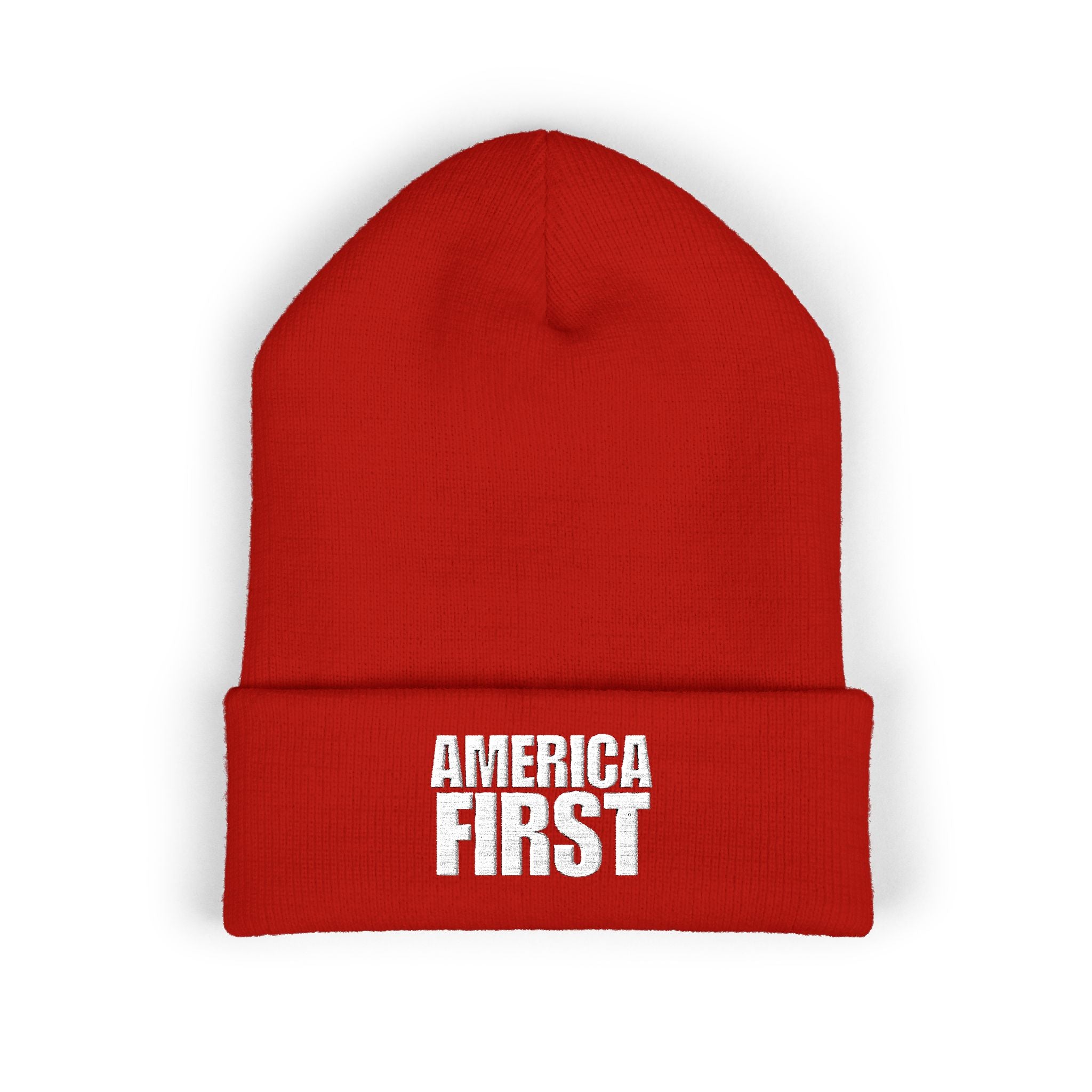 America First White Design Embroidered Cuffed Beanie Knit Hat