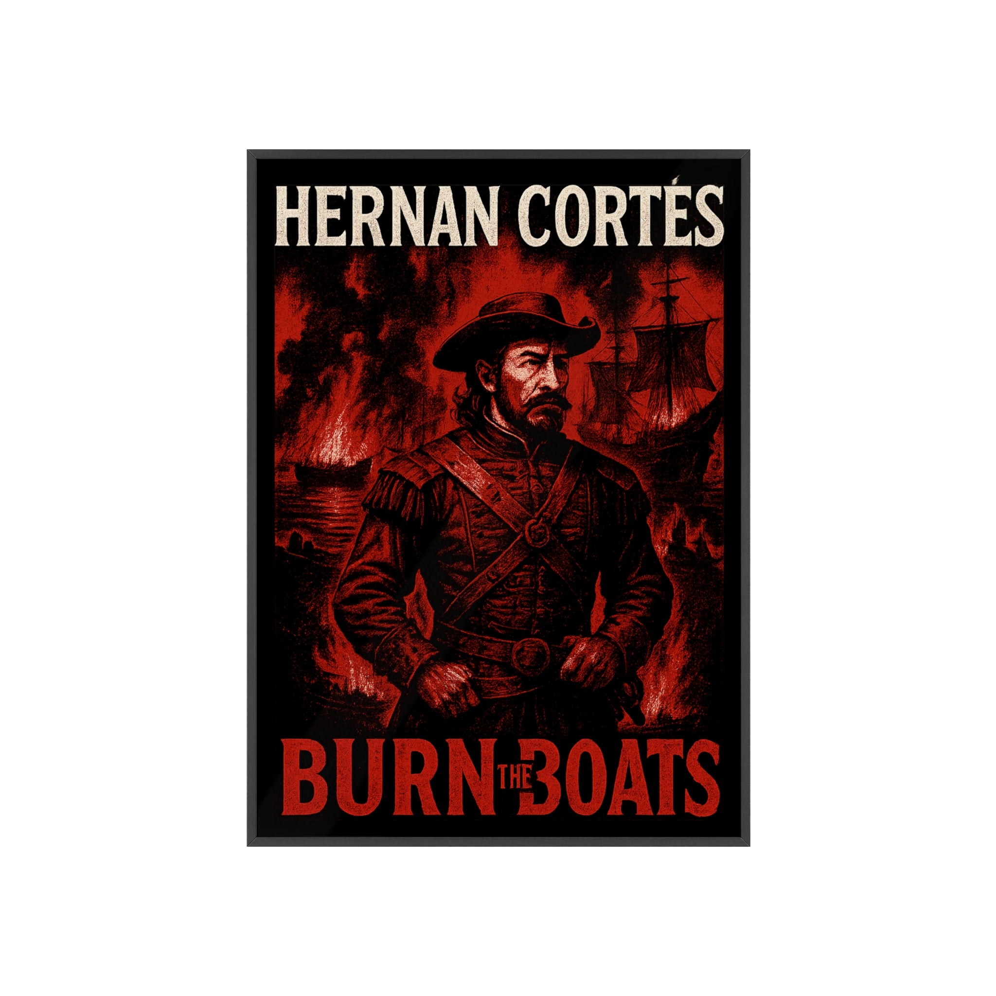 Hernan Cortes 'Burn the Boats' Motivational Poster with Wooden Frame, Wall Art