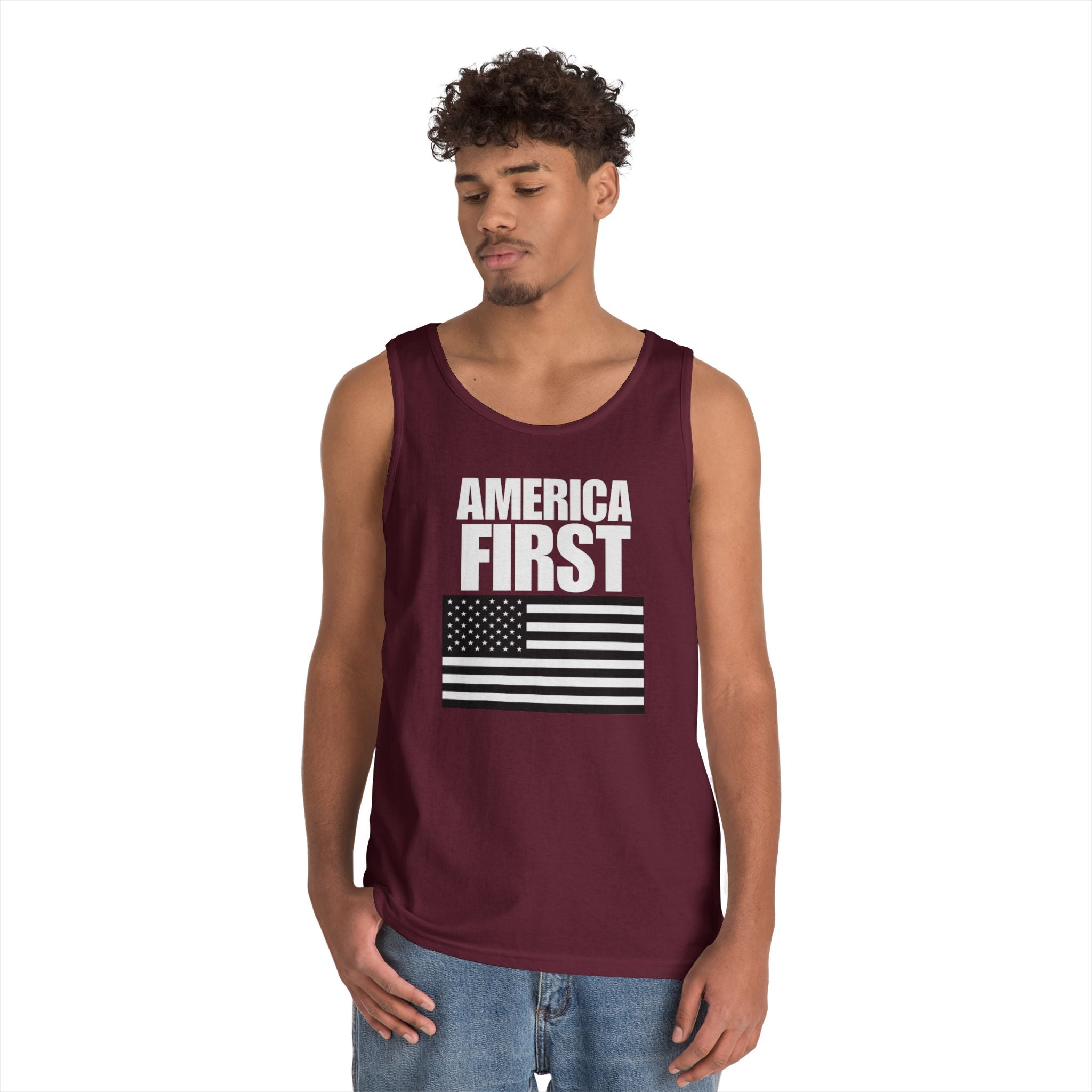 America First Black and White American Flag Heavy Cotton Tank Top