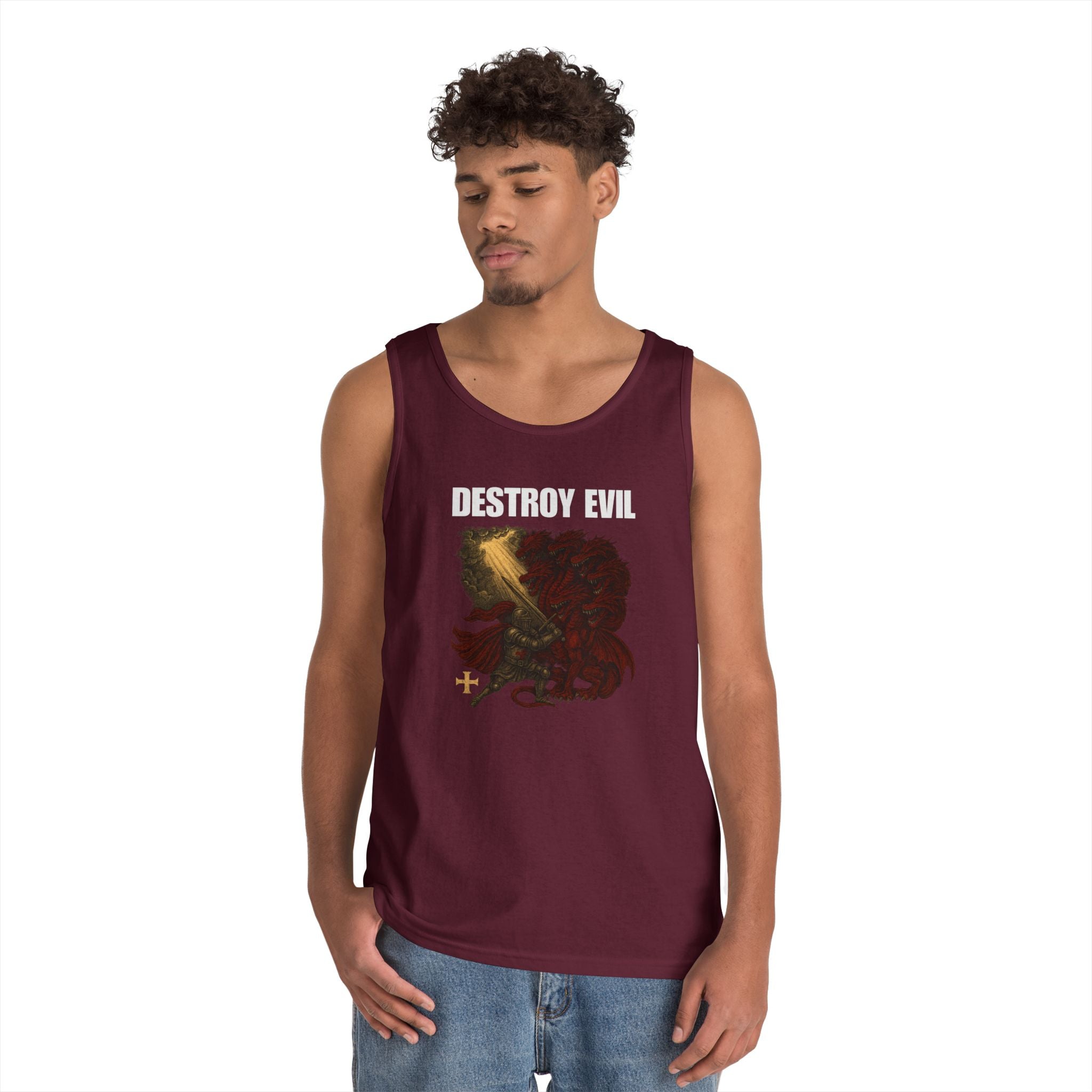 Heavy Cotton Tank Top with 'Destroy Evil' Crusader Defeating the Great Red Dragon Design