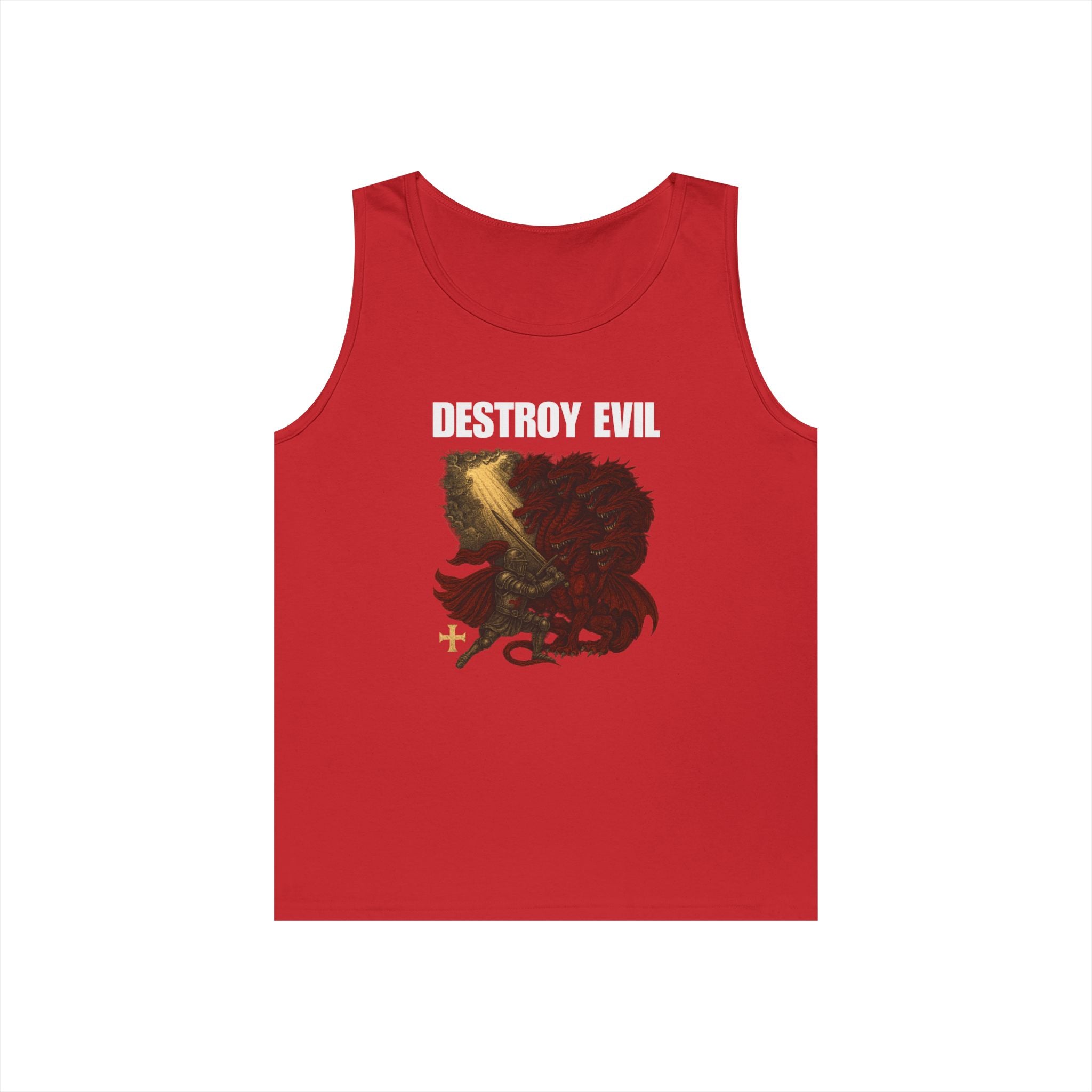 Heavy Cotton Tank Top with 'Destroy Evil' Crusader Defeating the Great Red Dragon Design