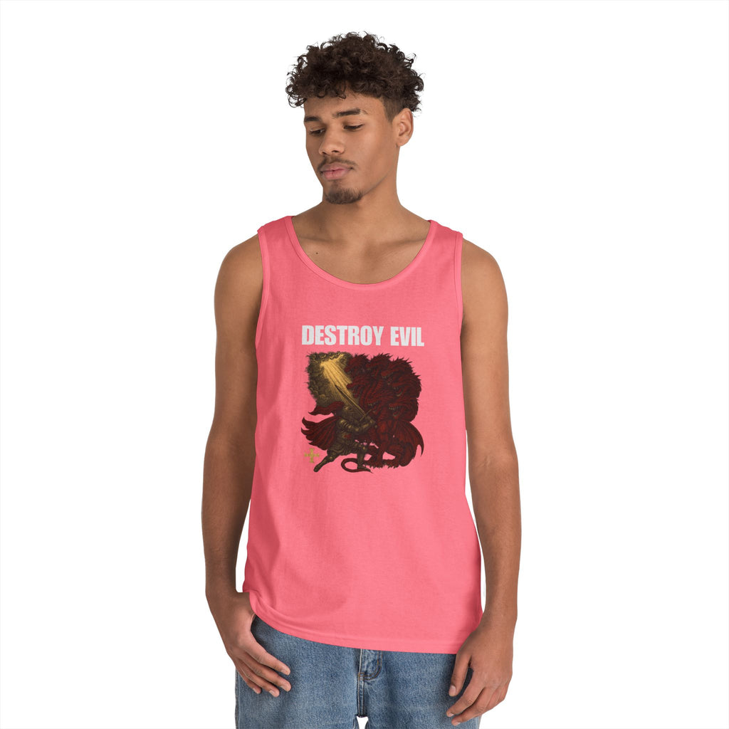 Heavy Cotton Tank Top with 'Destroy Evil' Crusader Defeating the Great Red Dragon Design