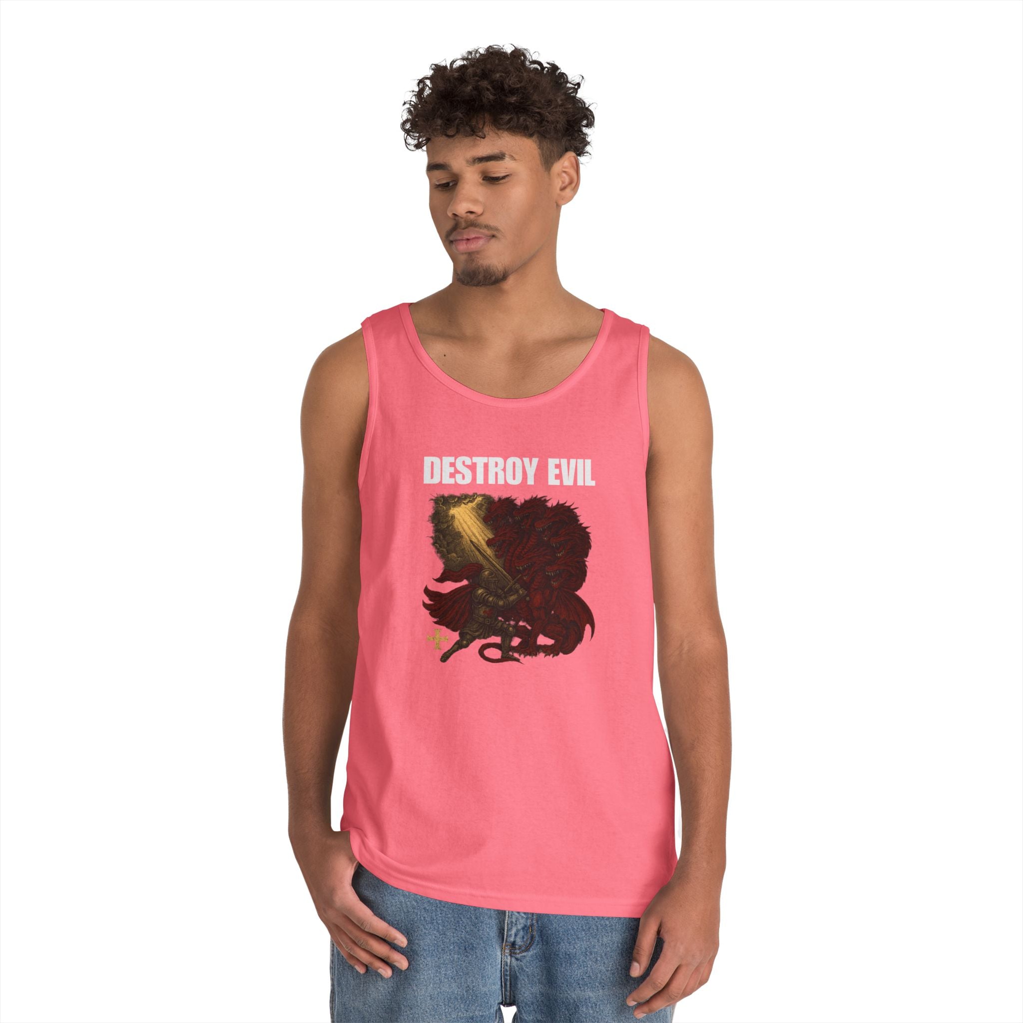 Heavy Cotton Tank Top with 'Destroy Evil' Crusader Defeating the Great Red Dragon Design
