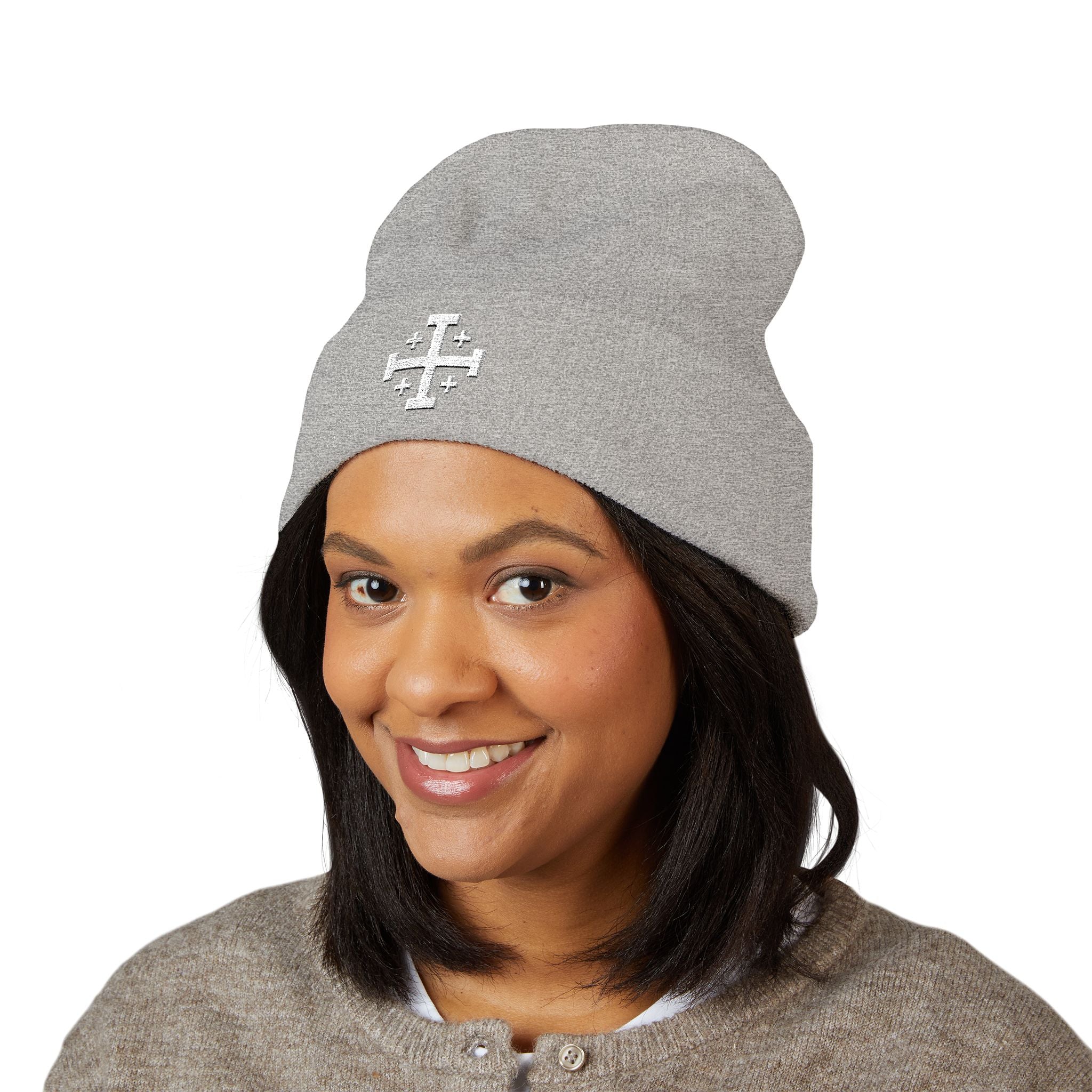 Cross of Jerusalem White Design Embroidered Cuffed Beanie Knit Hat