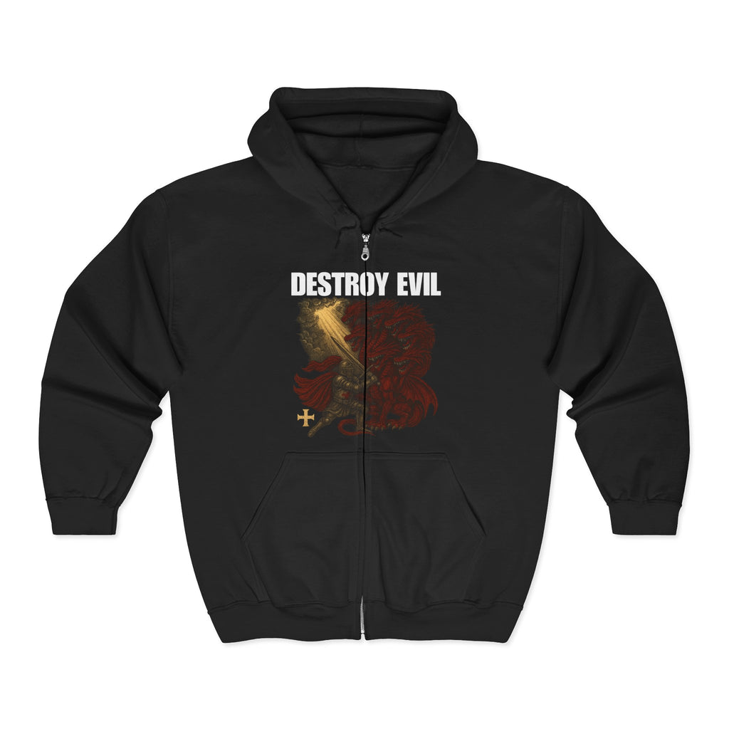 'Destroy Evil' Crusader Defeating the Great Red Dragon Design Graphic  Full Zip Up Hoodie Sweatshirt