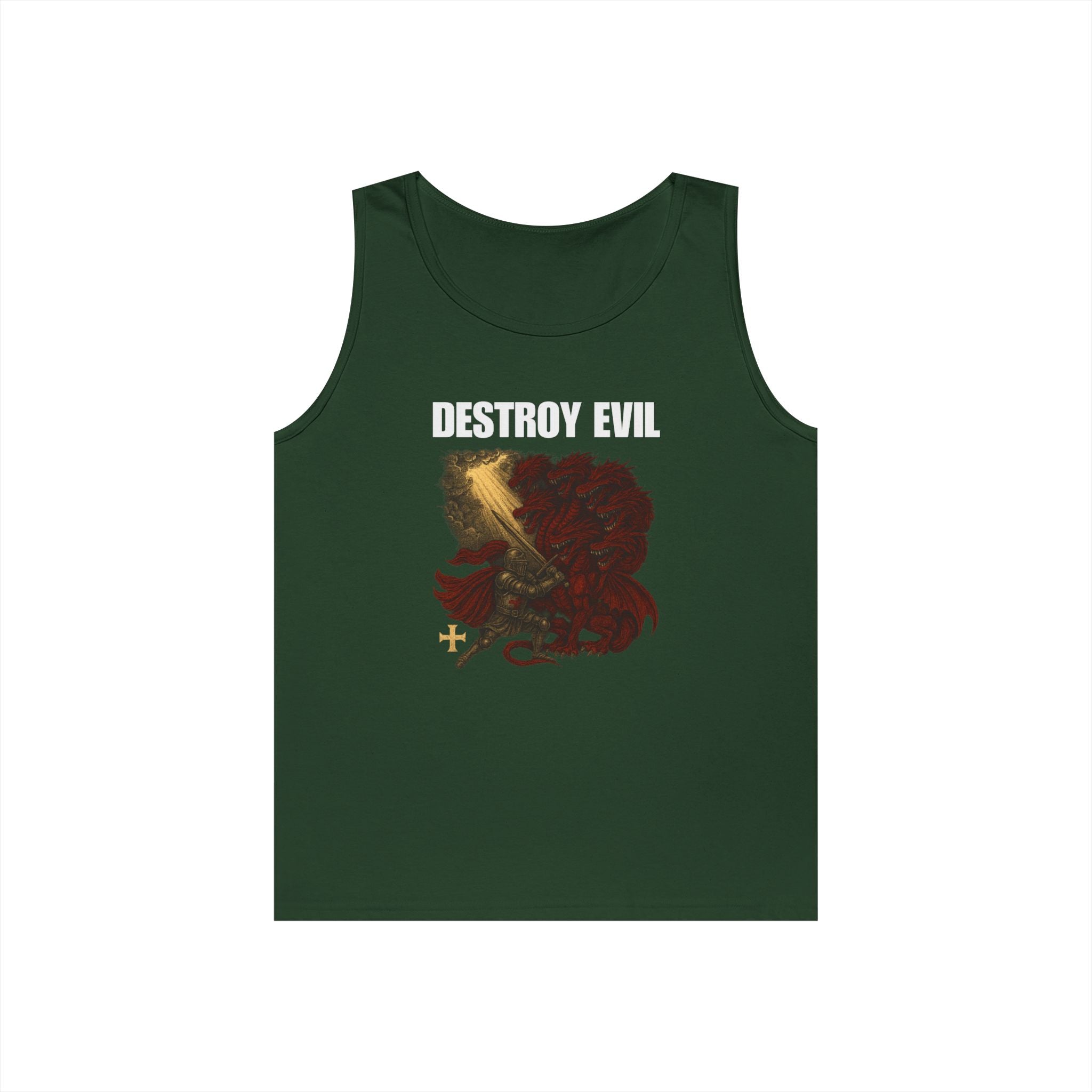 Heavy Cotton Tank Top with 'Destroy Evil' Crusader Defeating the Great Red Dragon Design