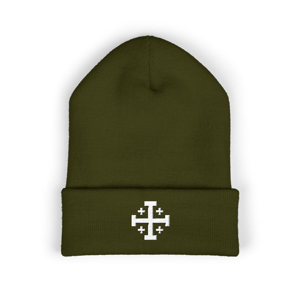 Cross of Jerusalem White Design Embroidered Cuffed Beanie Knit Hat