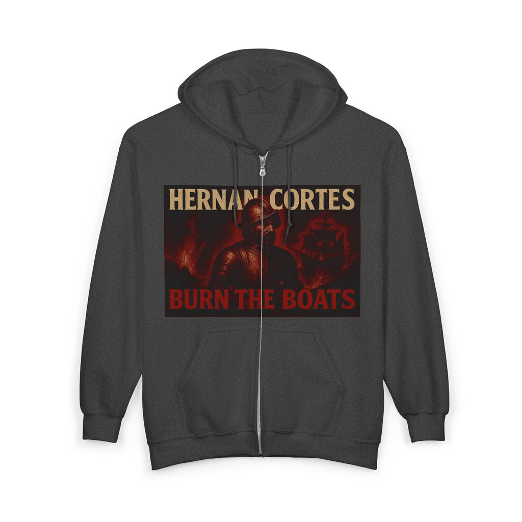 Hernan Cortes 'Burn Boats' Unisex Zip Hoodie Armor Design