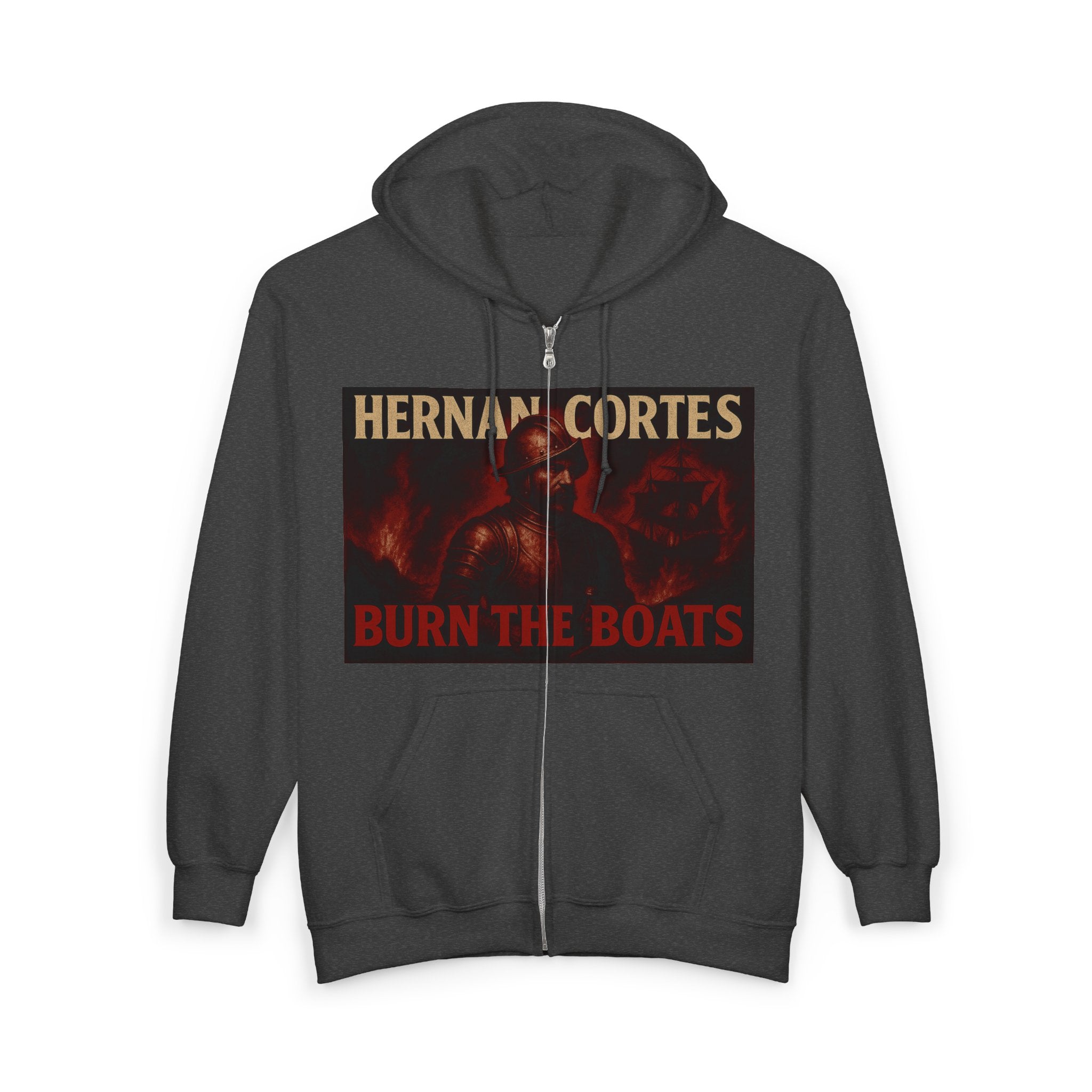 Hernan Cortes 'Burn Boats' Unisex Zip Hoodie Armor Design