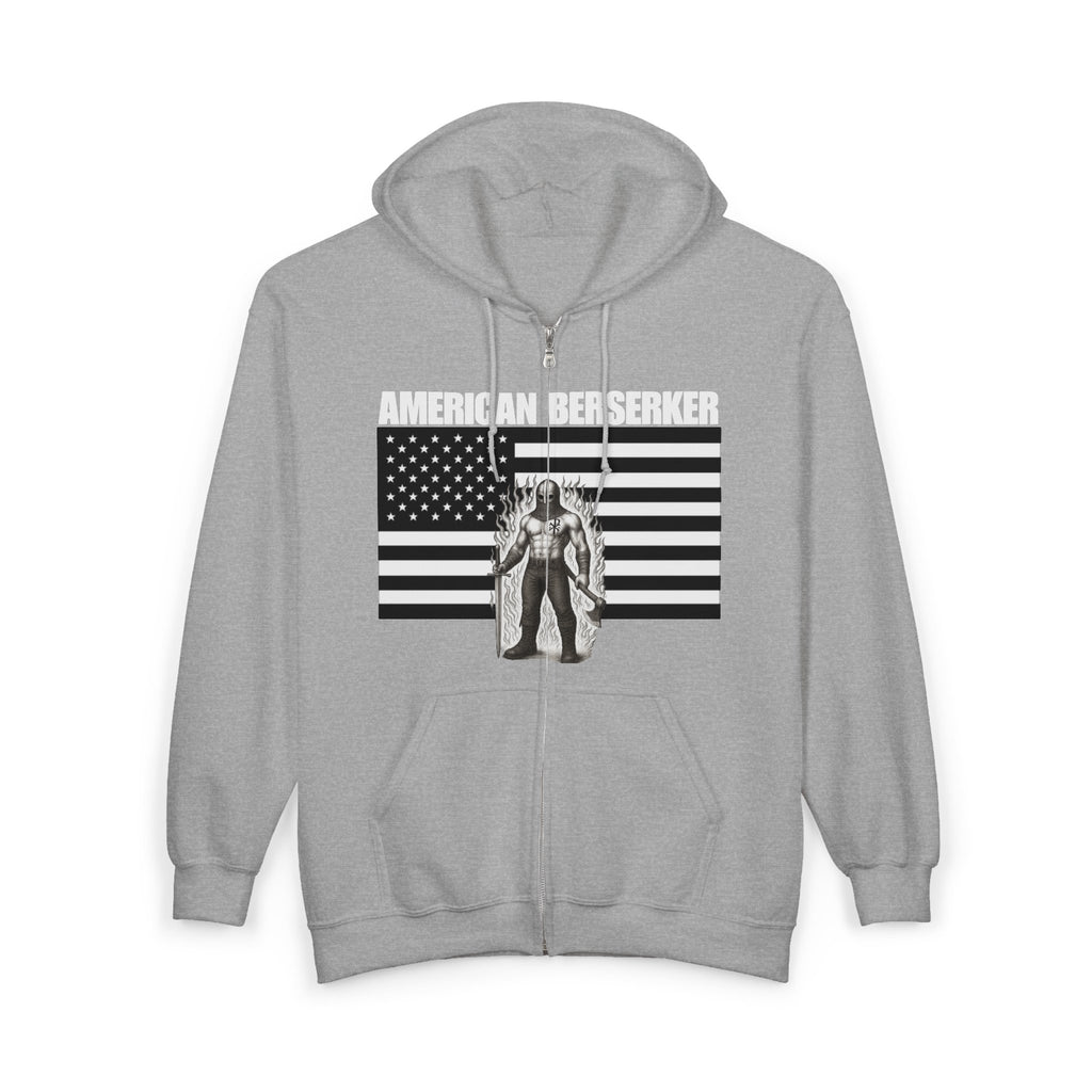 Bold American Berserker Graphic With Aura Black and White Design Full Zip Up Hoodie Sweatshirt