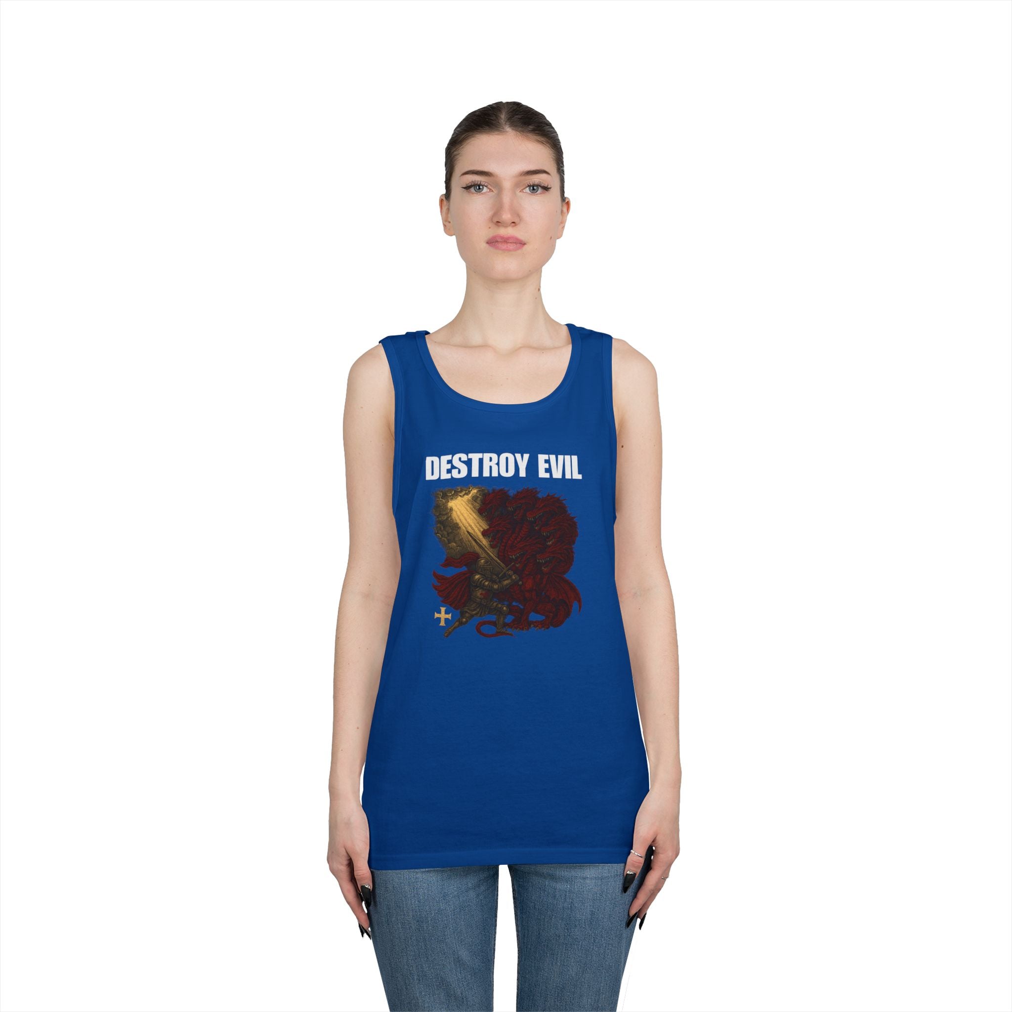 Heavy Cotton Tank Top with 'Destroy Evil' Crusader Defeating the Great Red Dragon Design