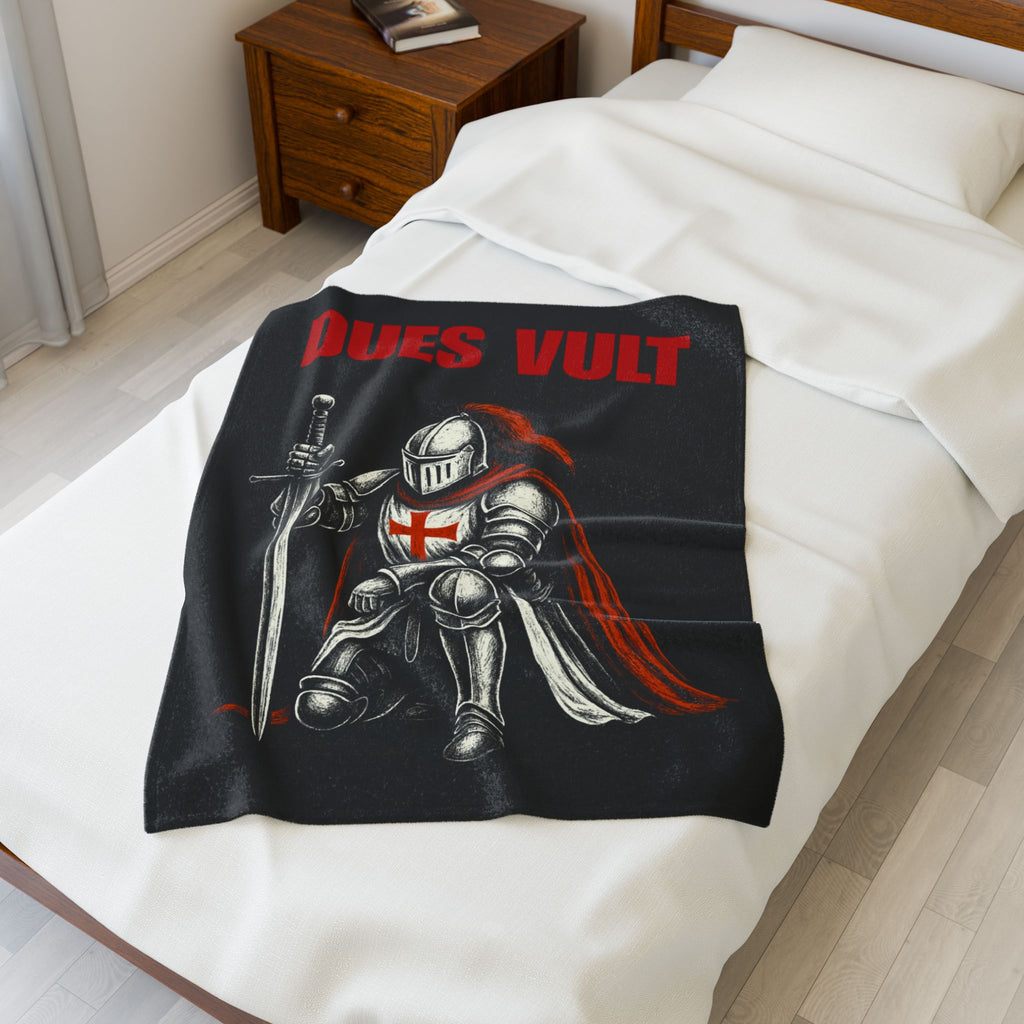 Dues Vult Velveteen Plush Blanket - Crusader Knight Design for Medieval Enthusiasts