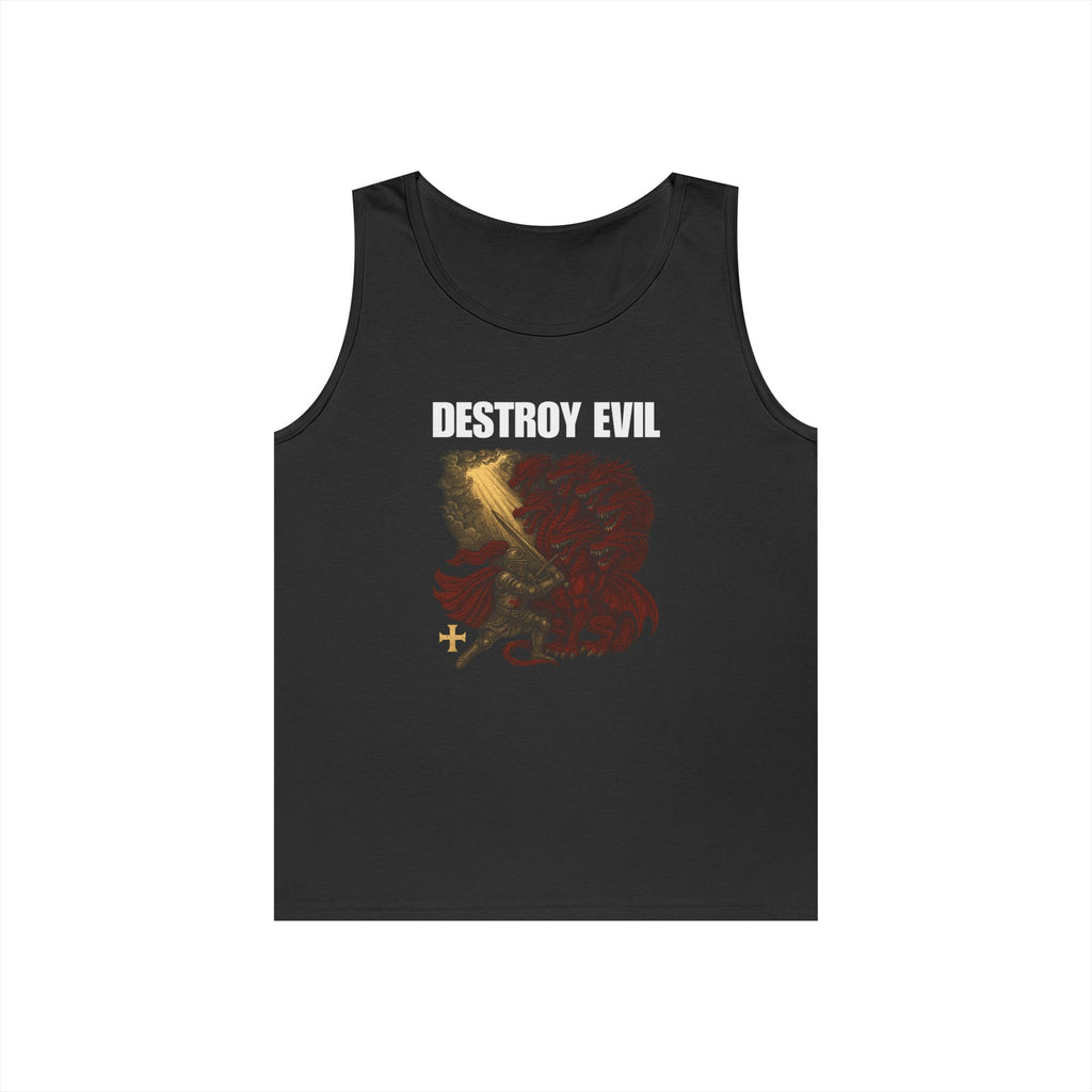 Heavy Cotton Tank Top with 'Destroy Evil' Crusader Defeating the Great Red Dragon Design