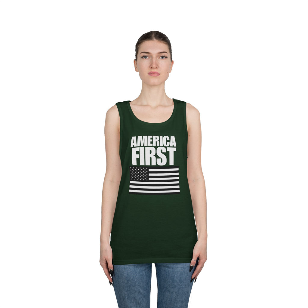 America First Black and White American Flag Heavy Cotton Tank Top