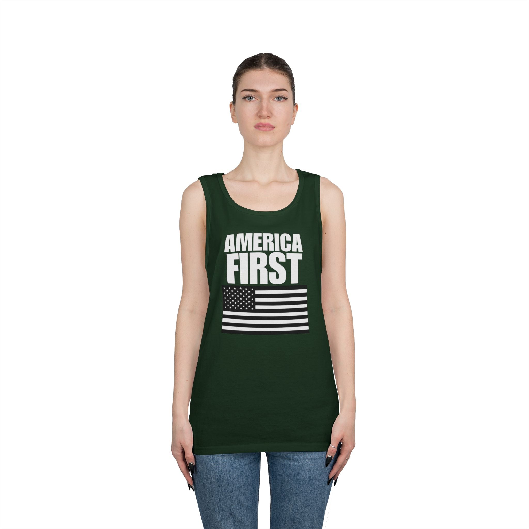 America First Black and White American Flag Heavy Cotton Tank Top
