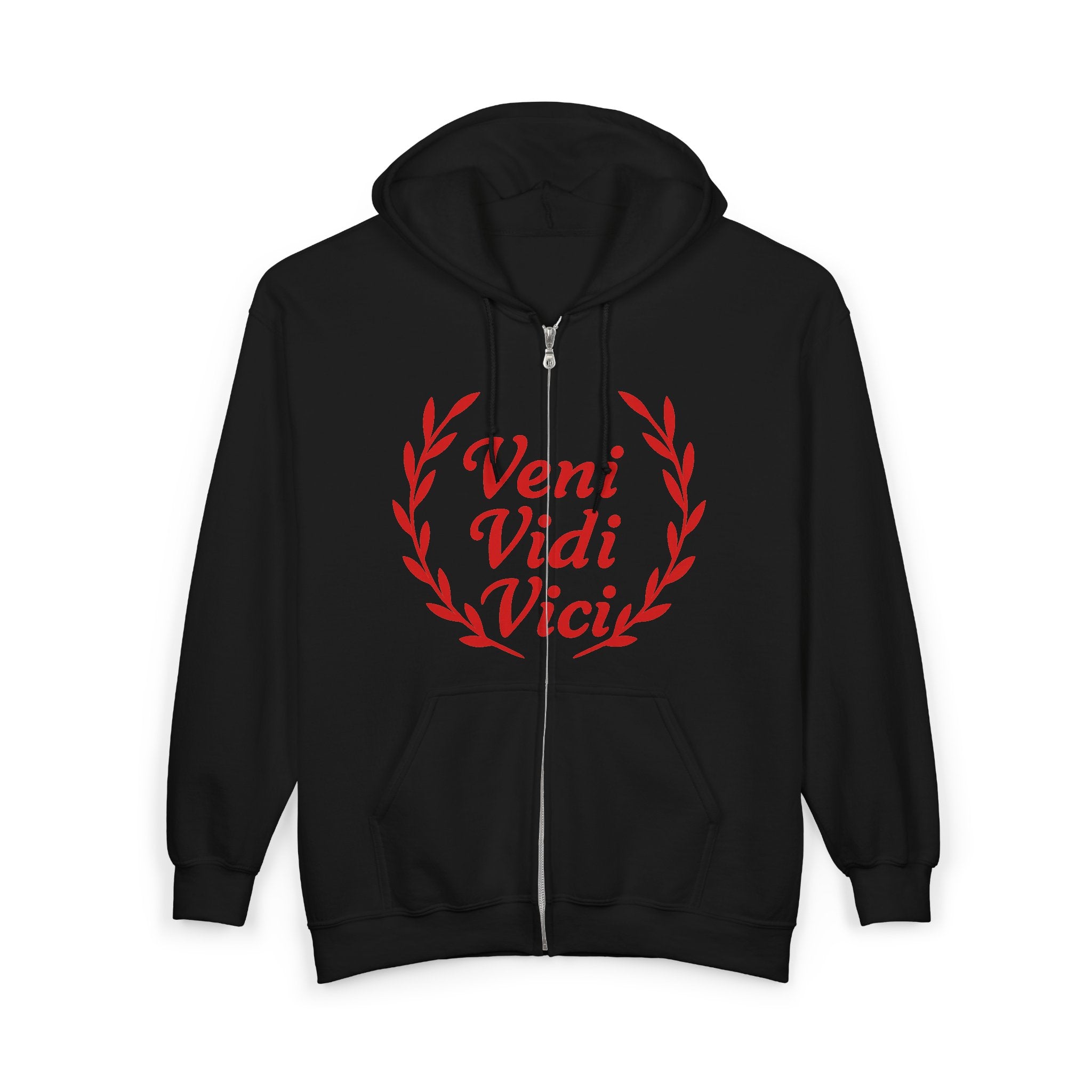 Veni Vidi Vici, "I Came, I Saw, I Conquered" Bright Red Text  Unisex Zip Up Hoodie Sweatshirt