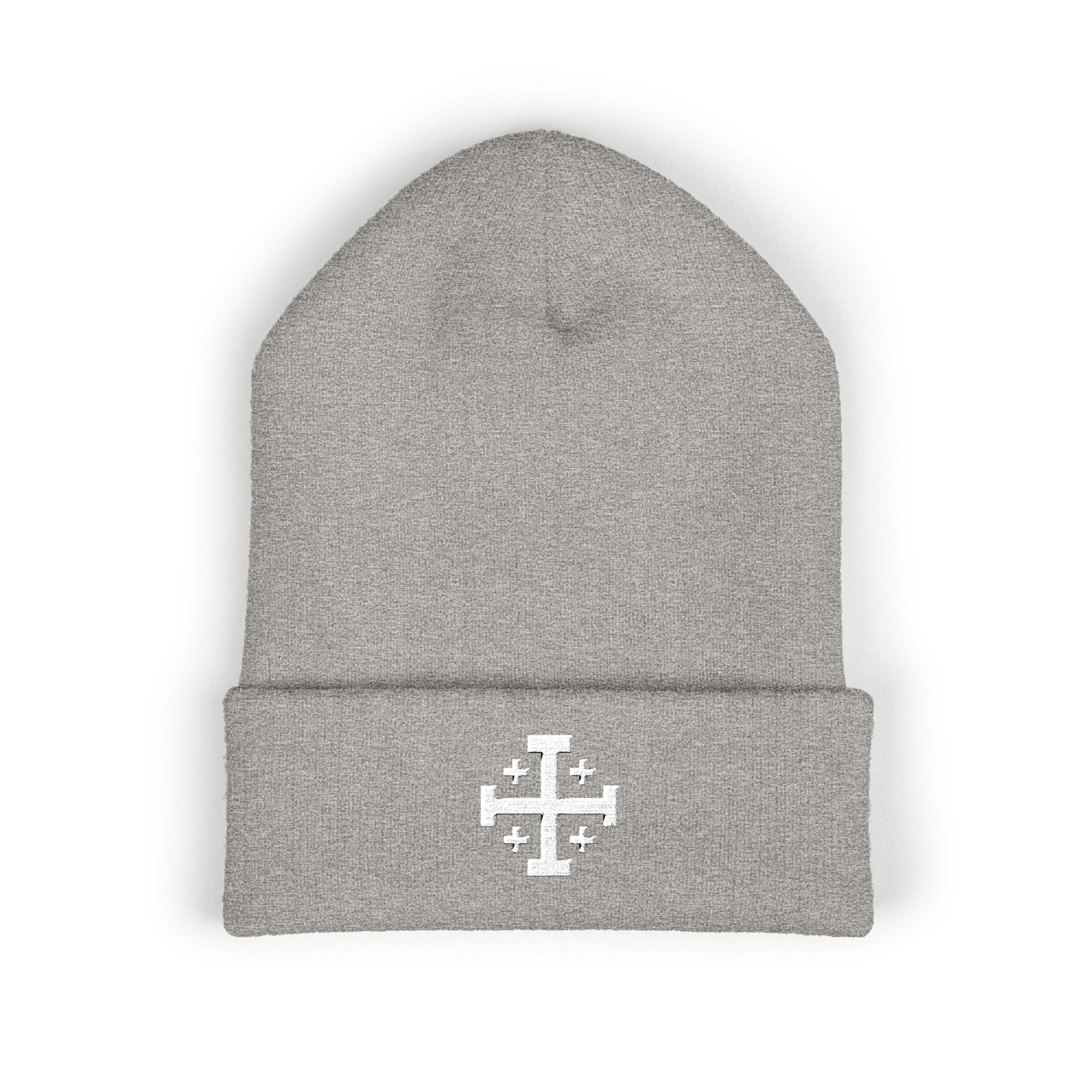 Cross of Jerusalem White Design Embroidered Cuffed Beanie Knit Hat