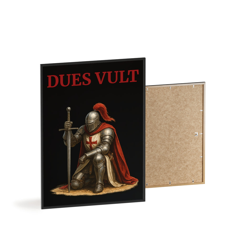 Crusader Knight Themed Dues Vult Poster with Wooden Frame