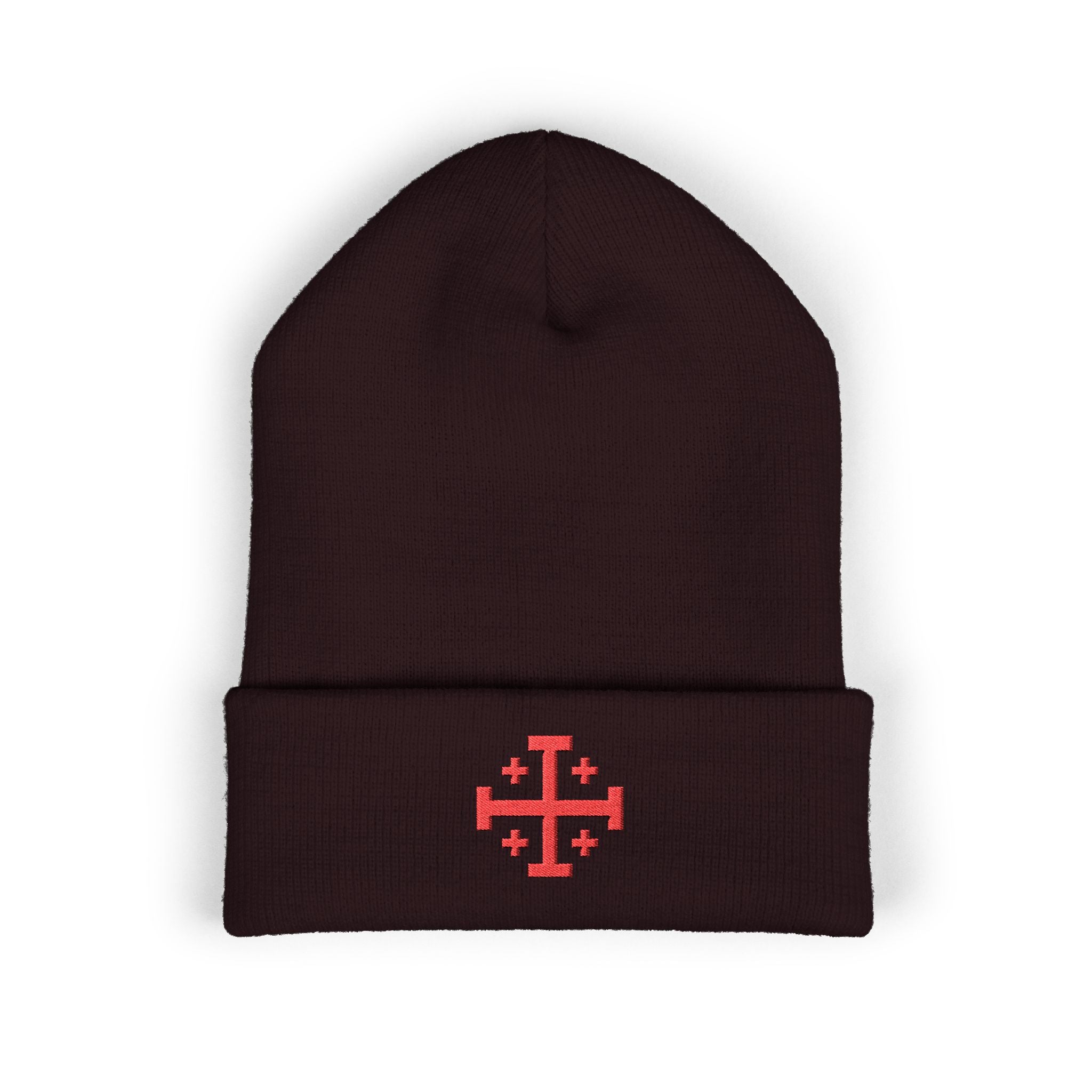 Cross of Jerusalem Red Design Embroidered Cuffed Beanie Knit Hat