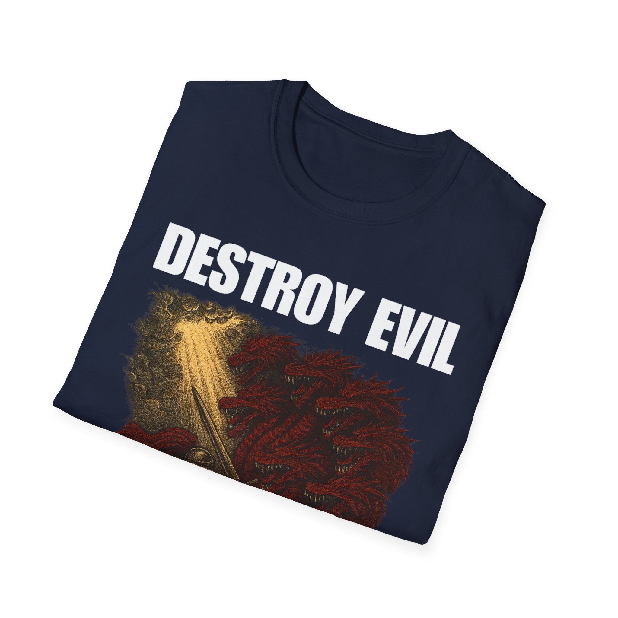 'Destroy Evil' Crusader Defeating the Great Red Dragon Design Graphic Softstyle T-Shirt