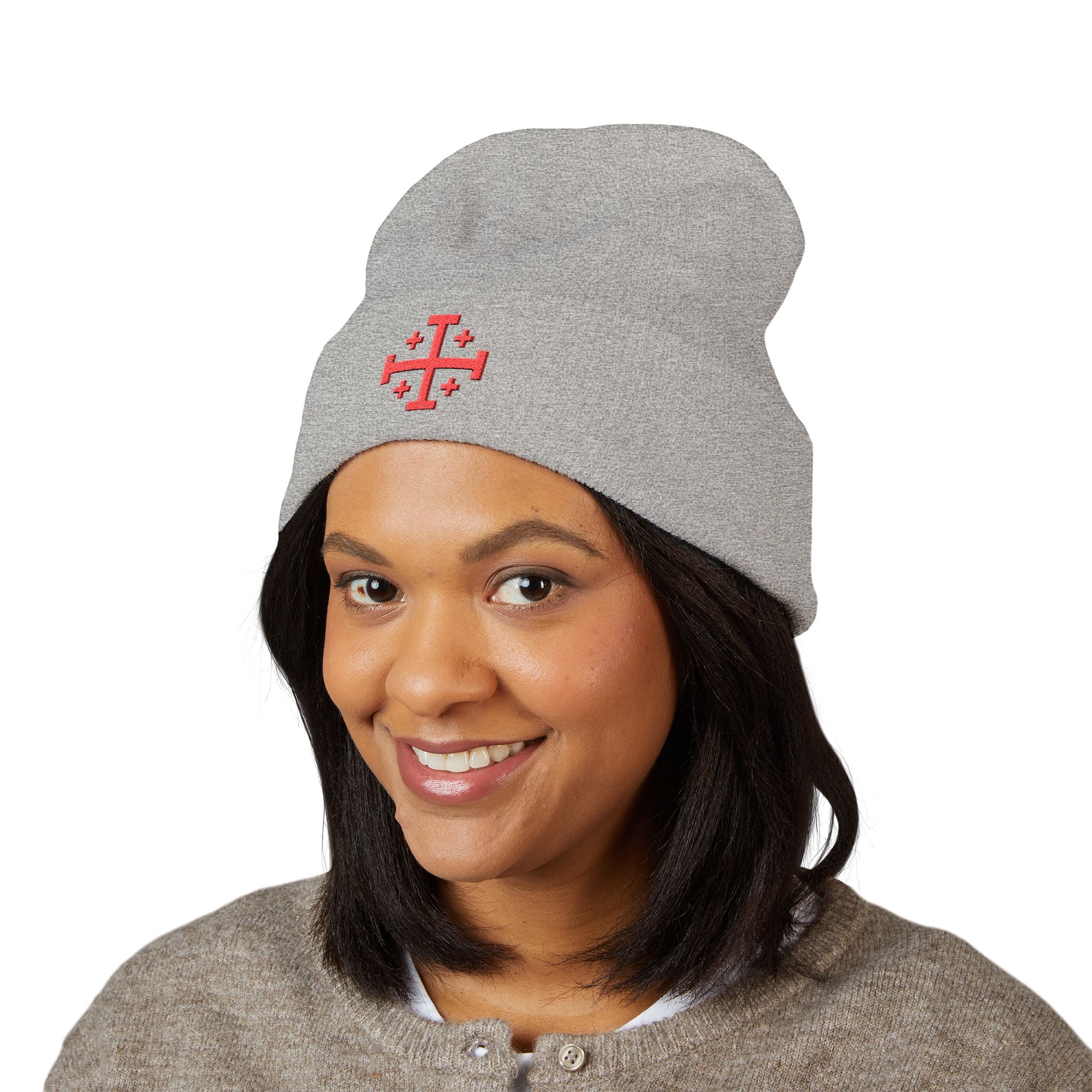 Cross of Jerusalem Red Design Embroidered Cuffed Beanie Knit Hat