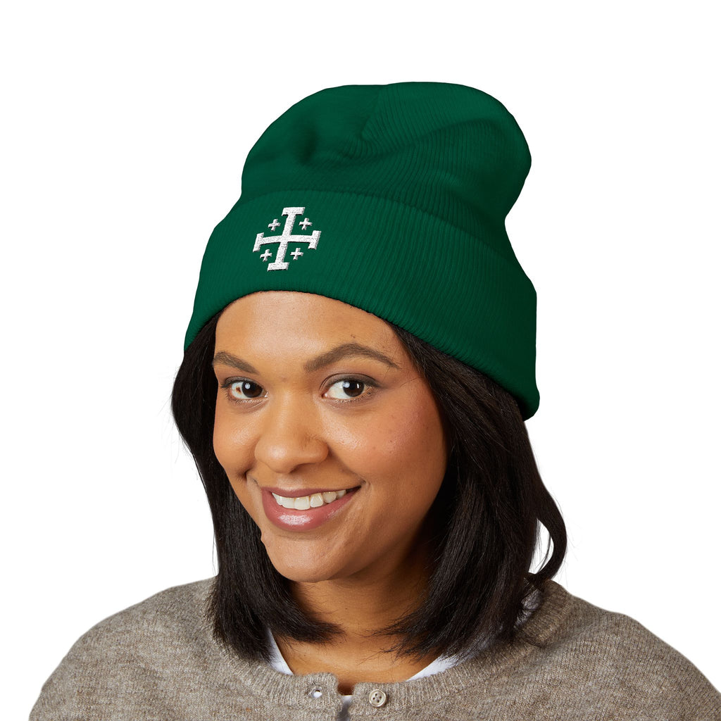 Cross of Jerusalem White Design Embroidered Cuffed Beanie Knit Hat