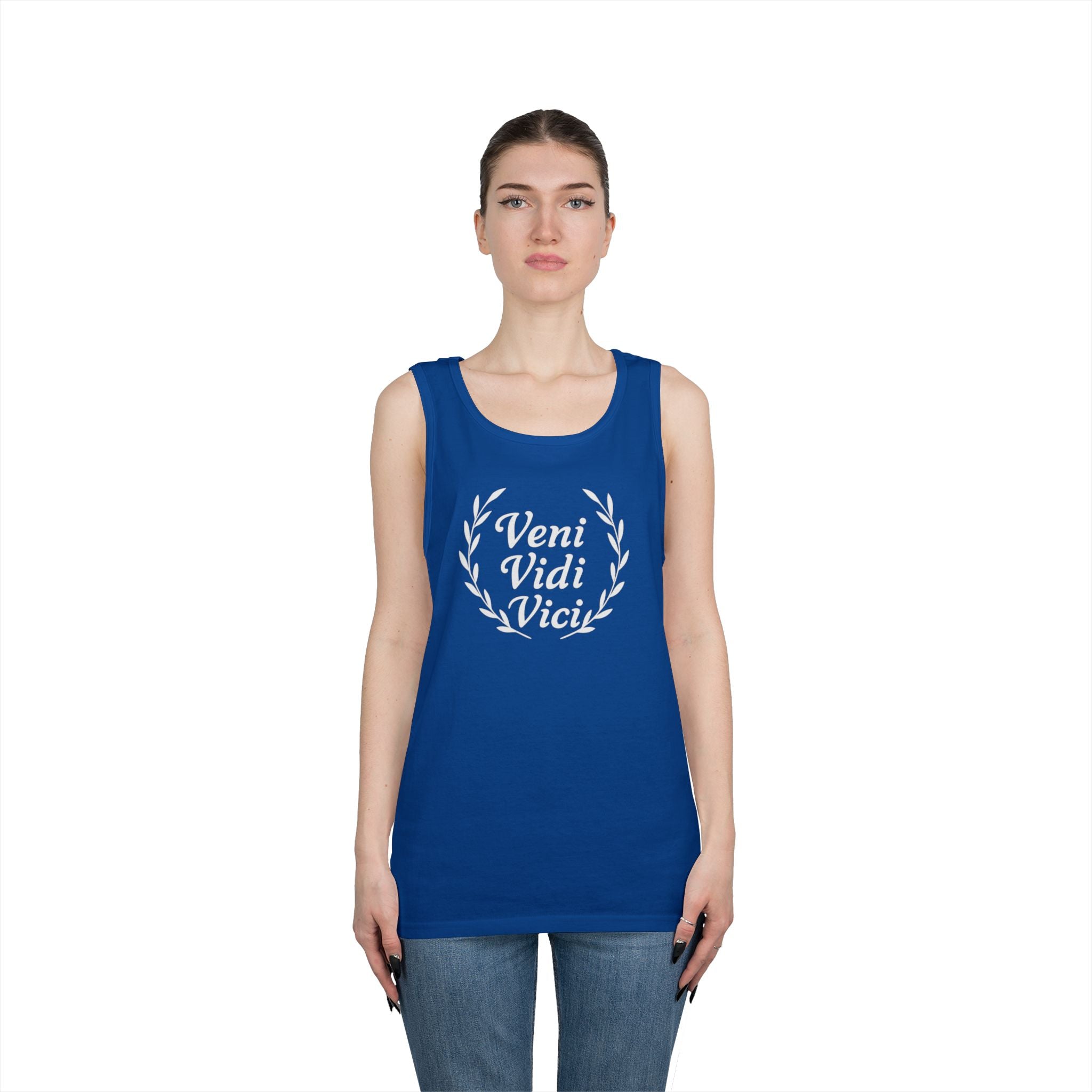 Veni Vidi Vici White Text Unisex Heavy Cotton Tank Top