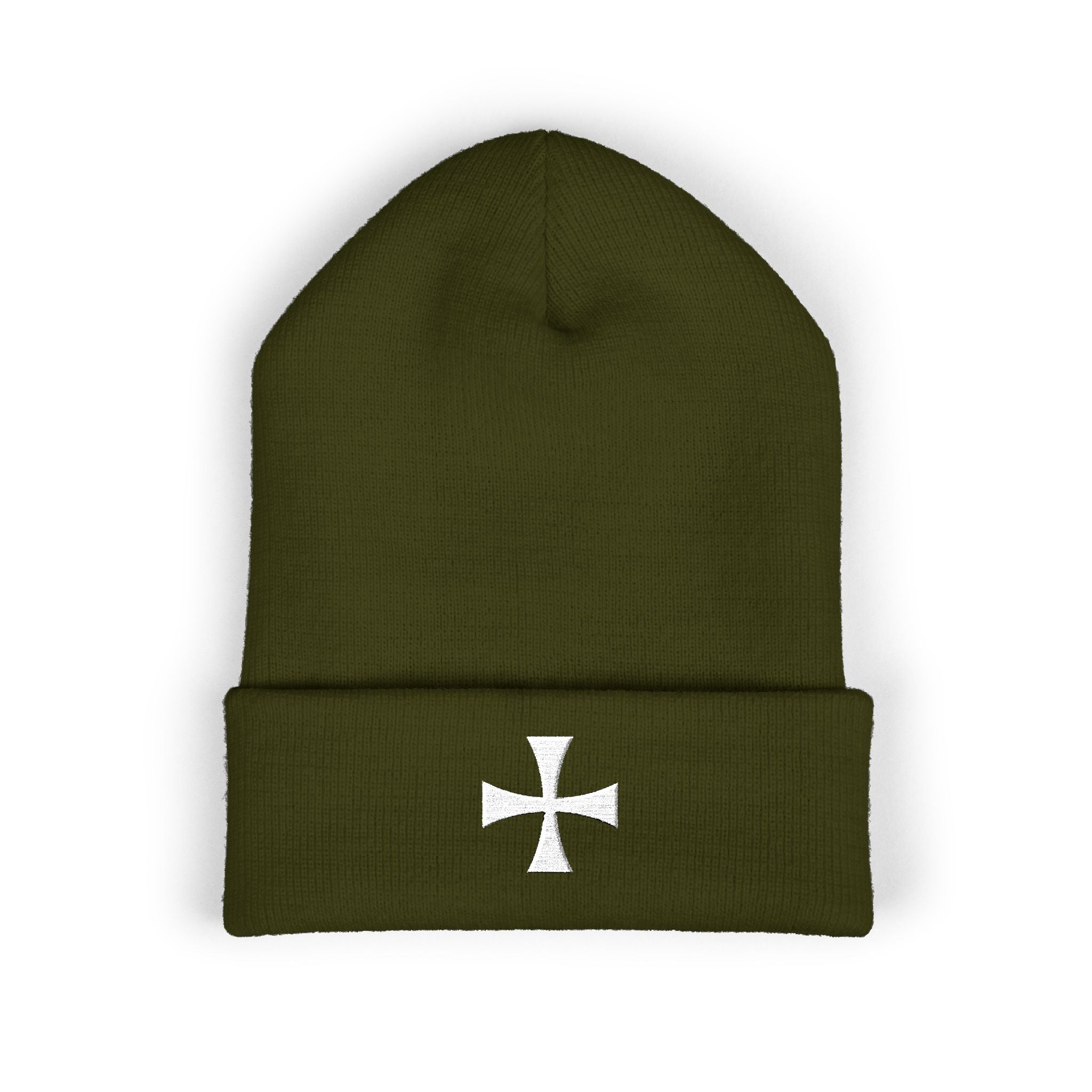 Teutonic Cross White Design Embroidered Cuffed Beanie Knit Hat