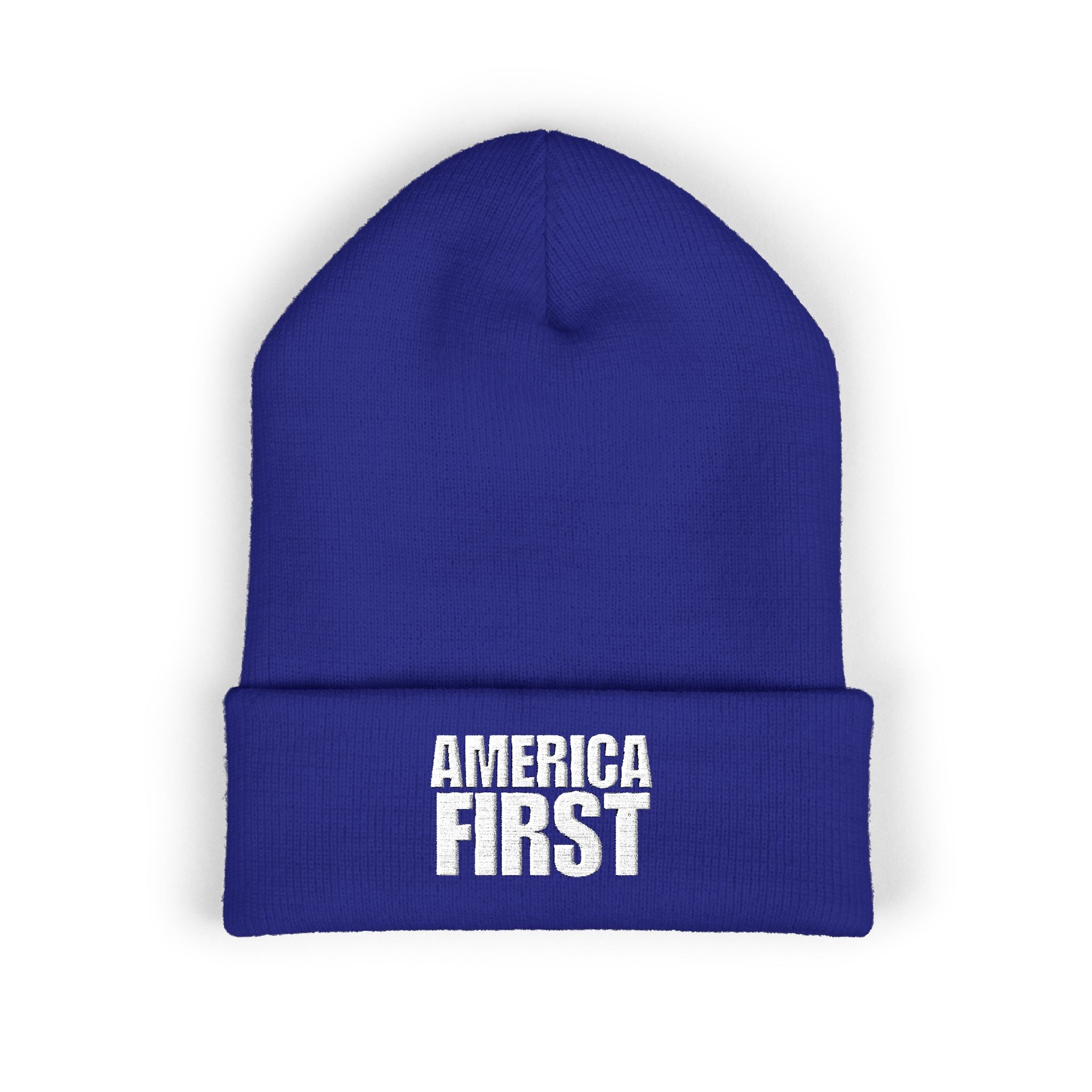 America First White Design Embroidered Cuffed Beanie Knit Hat