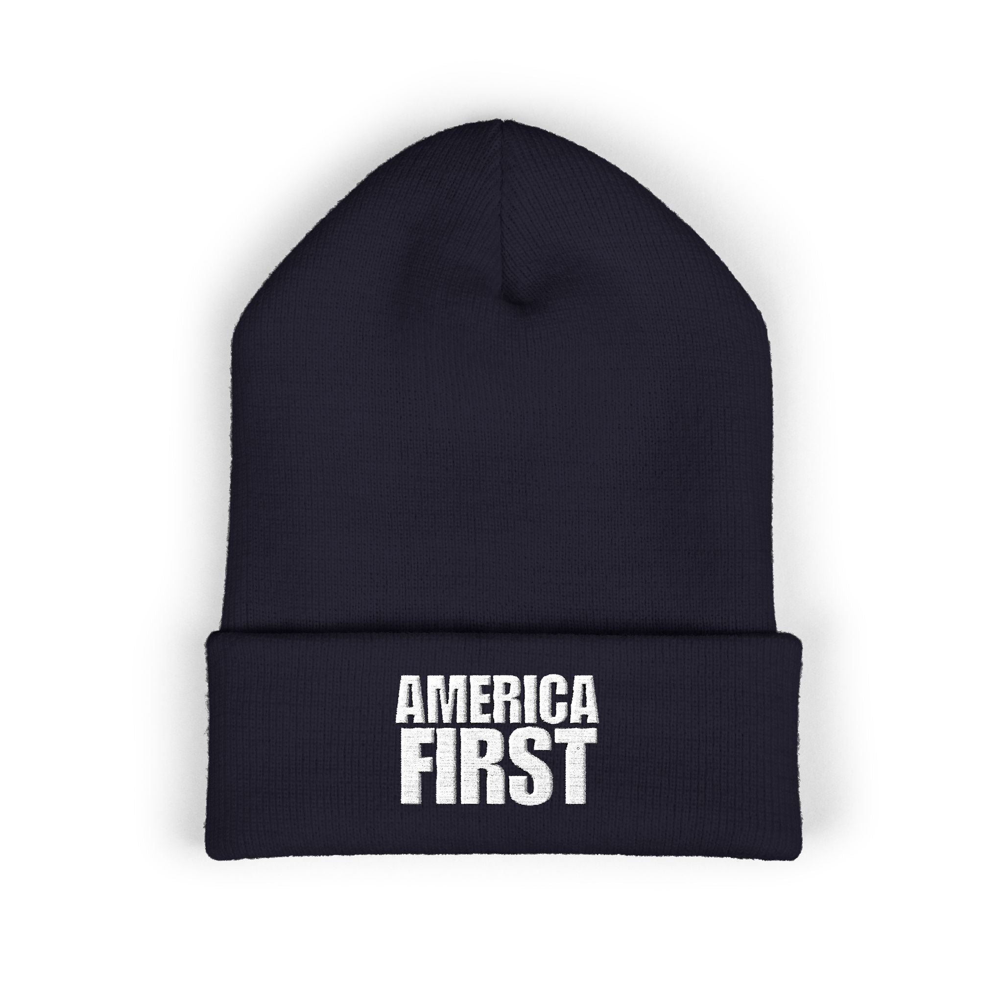 America First White Design Embroidered Cuffed Beanie Knit Hat