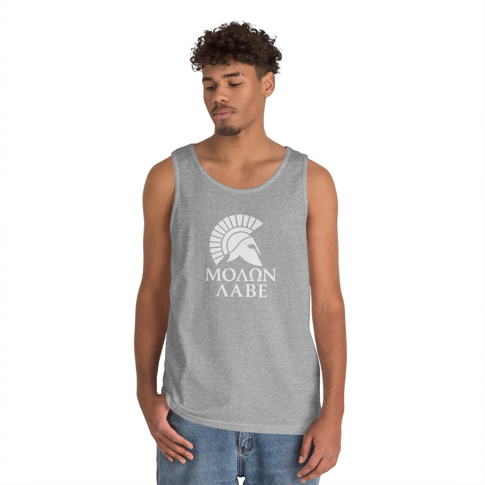 Molon Labe "Come and Take It!" in Greek Large Text White Design Heavy Cotton Tank Top