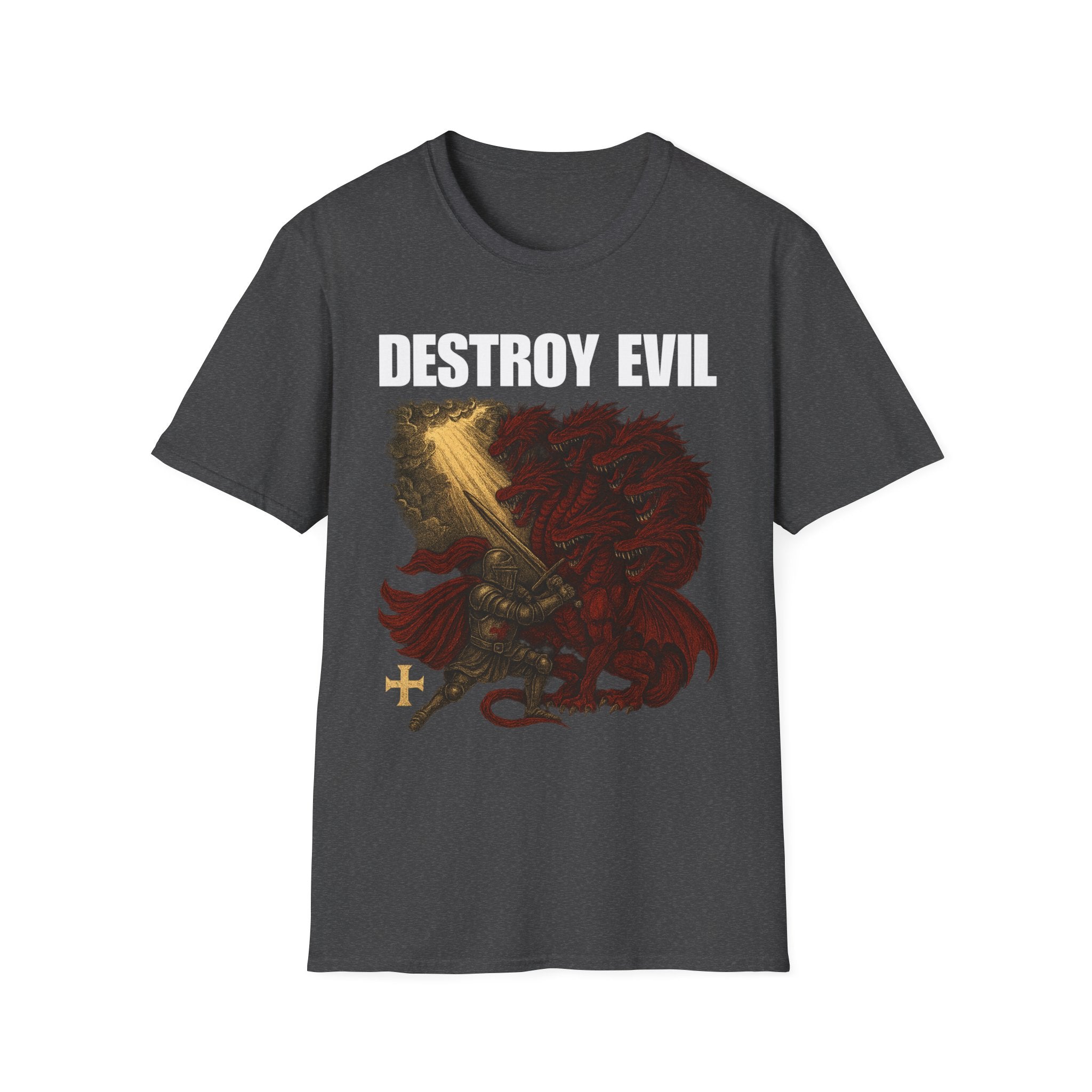 'Destroy Evil' Crusader Defeating the Great Red Dragon Design Graphic Softstyle T-Shirt