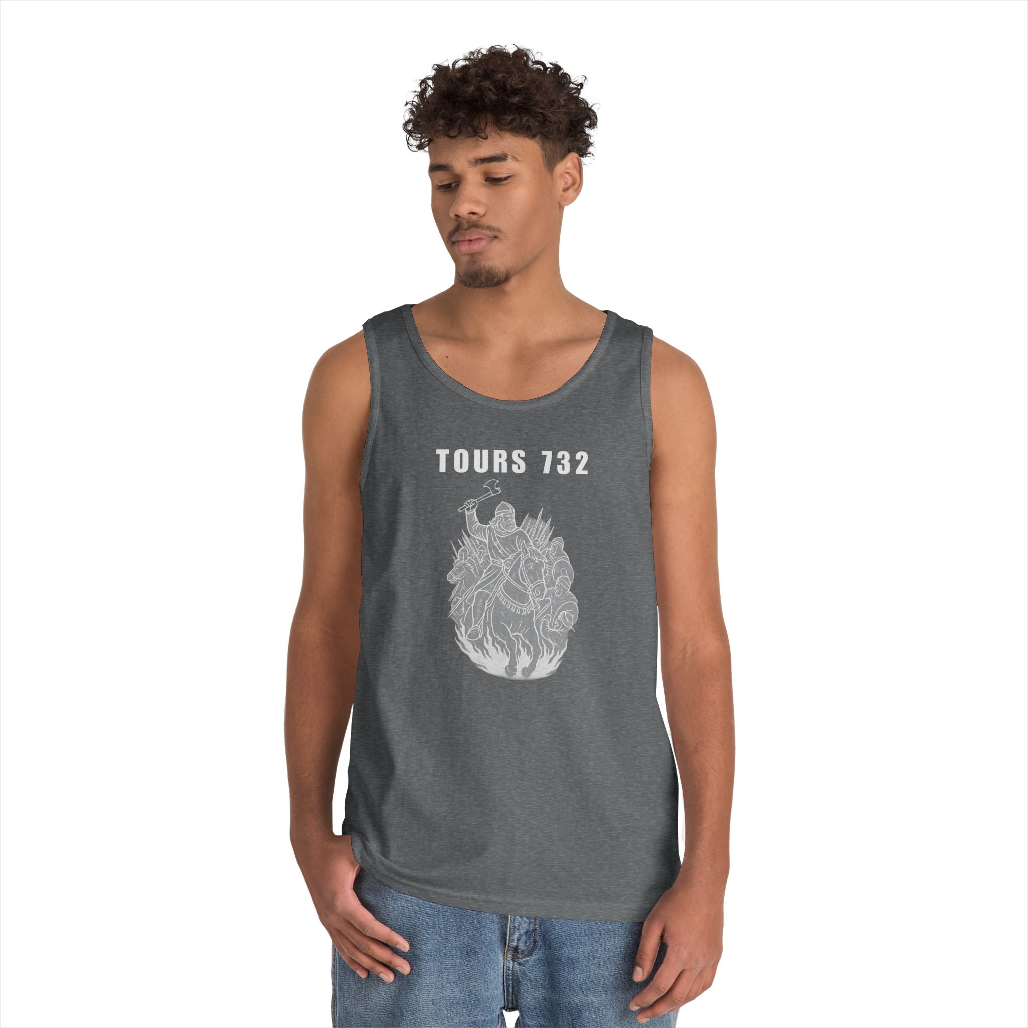 Tours 732 Charles "The Hammer" Martel "TOURS 732" Text Graphic Heavy Cotton Tank Top