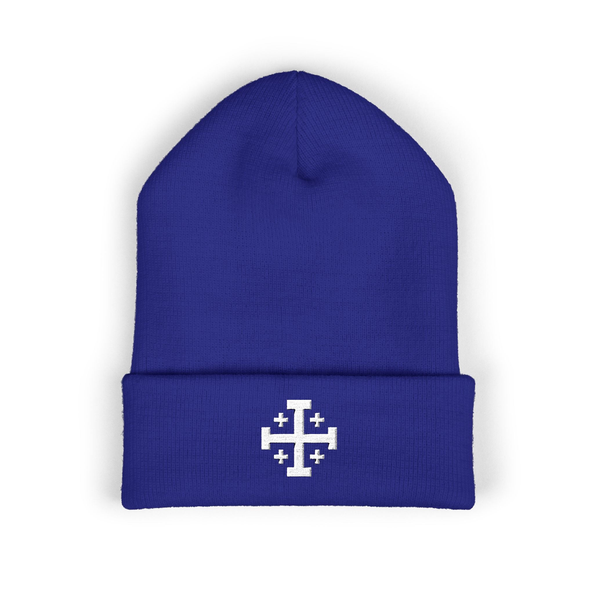 Cross of Jerusalem White Design Embroidered Cuffed Beanie Knit Hat
