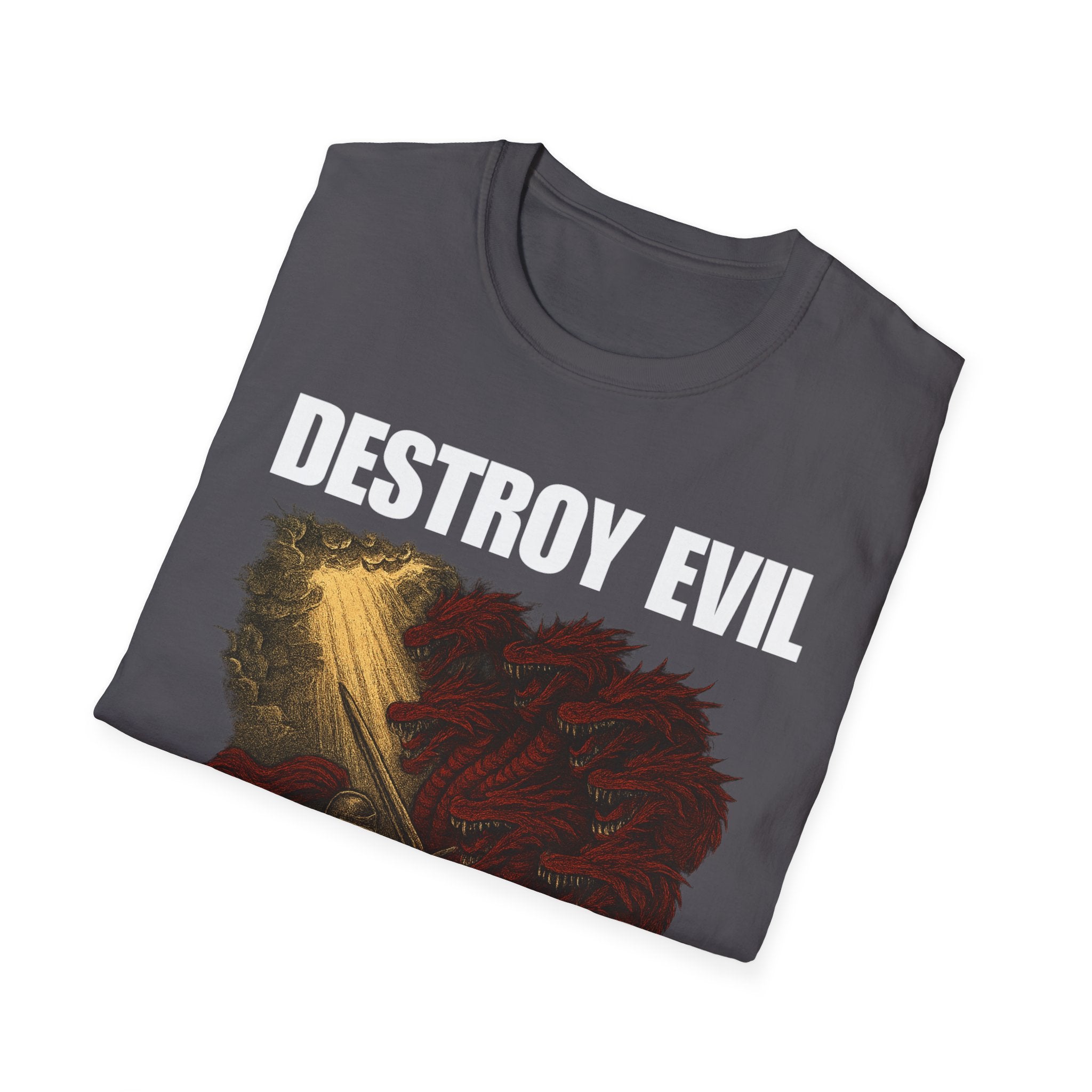 'Destroy Evil' Crusader Defeating the Great Red Dragon Design Graphic Softstyle T-Shirt