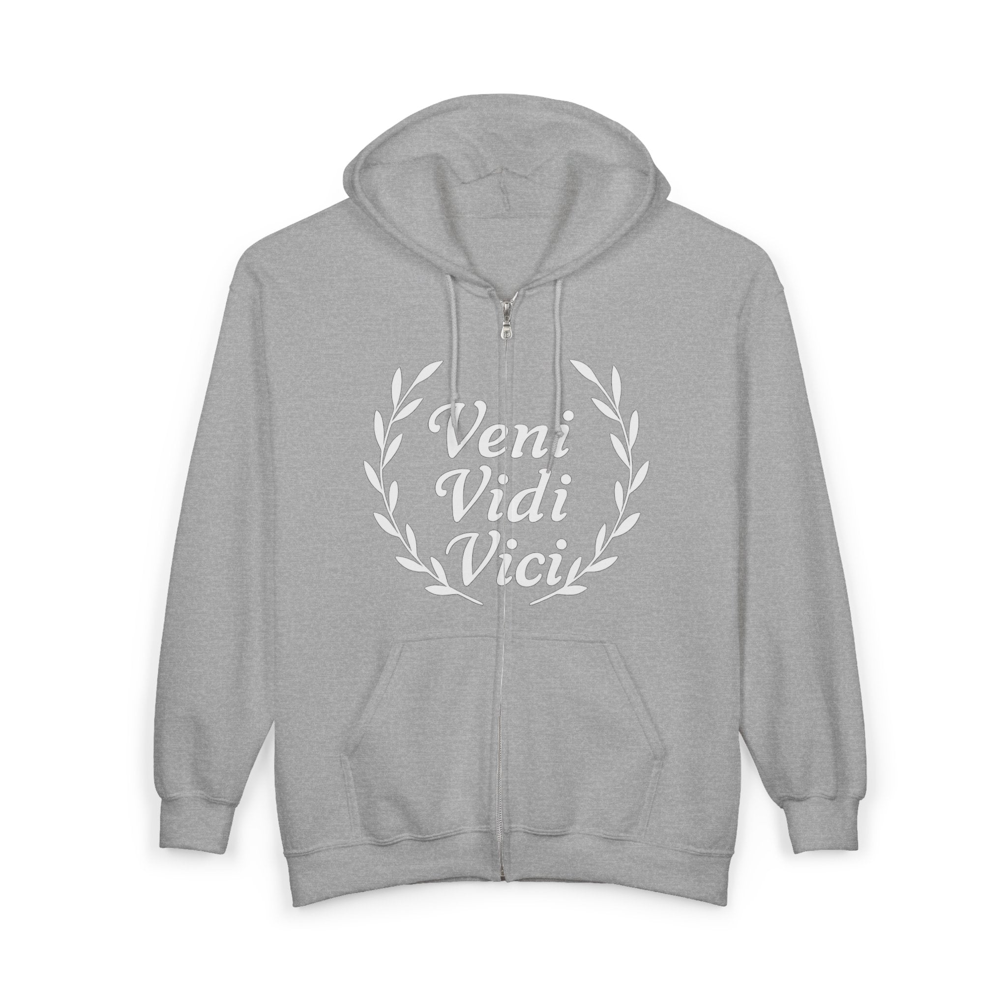 Veni Vidi Vici, "I Came, I Saw, I Conquered" White Text  Unisex Zip Up Hoodie Sweatshirt