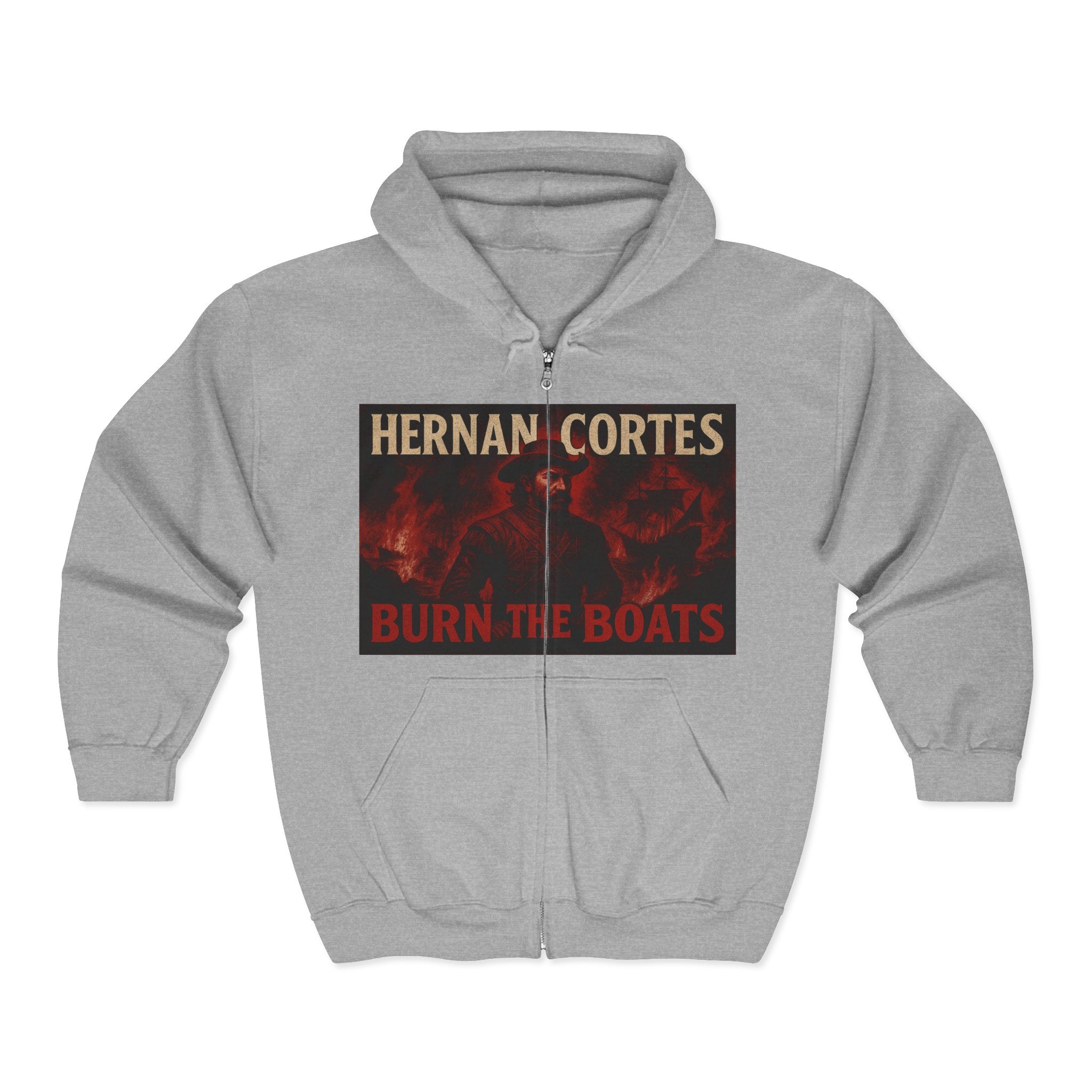 Hernan Cortes 'Burn Boats' Unisex Zip Hoodie