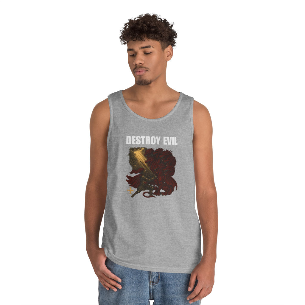 Heavy Cotton Tank Top with 'Destroy Evil' Crusader Defeating the Great Red Dragon Design