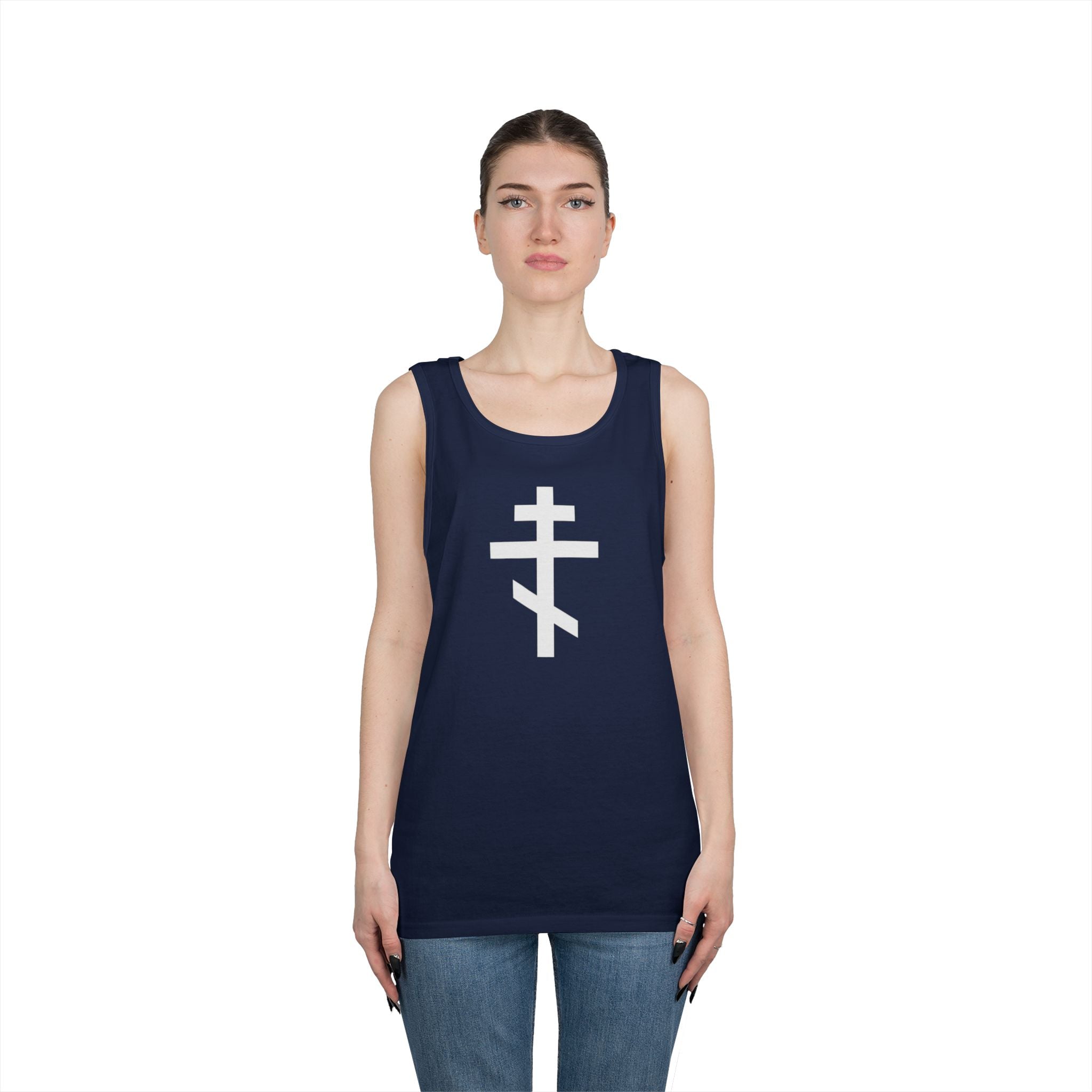 Crucifix White Unisex Heavy Cotton Tank Top with Cross Design