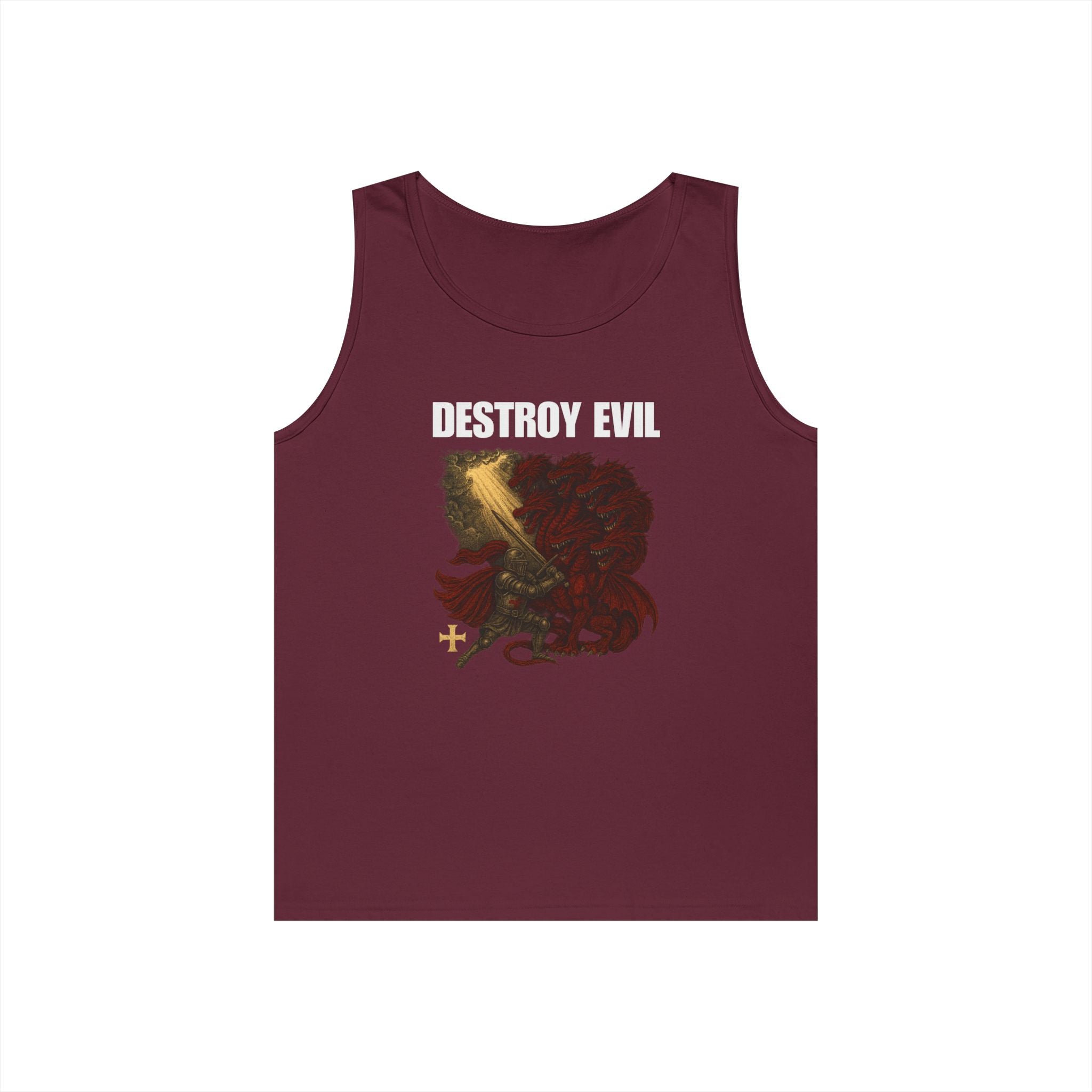 Heavy Cotton Tank Top with 'Destroy Evil' Crusader Defeating the Great Red Dragon Design