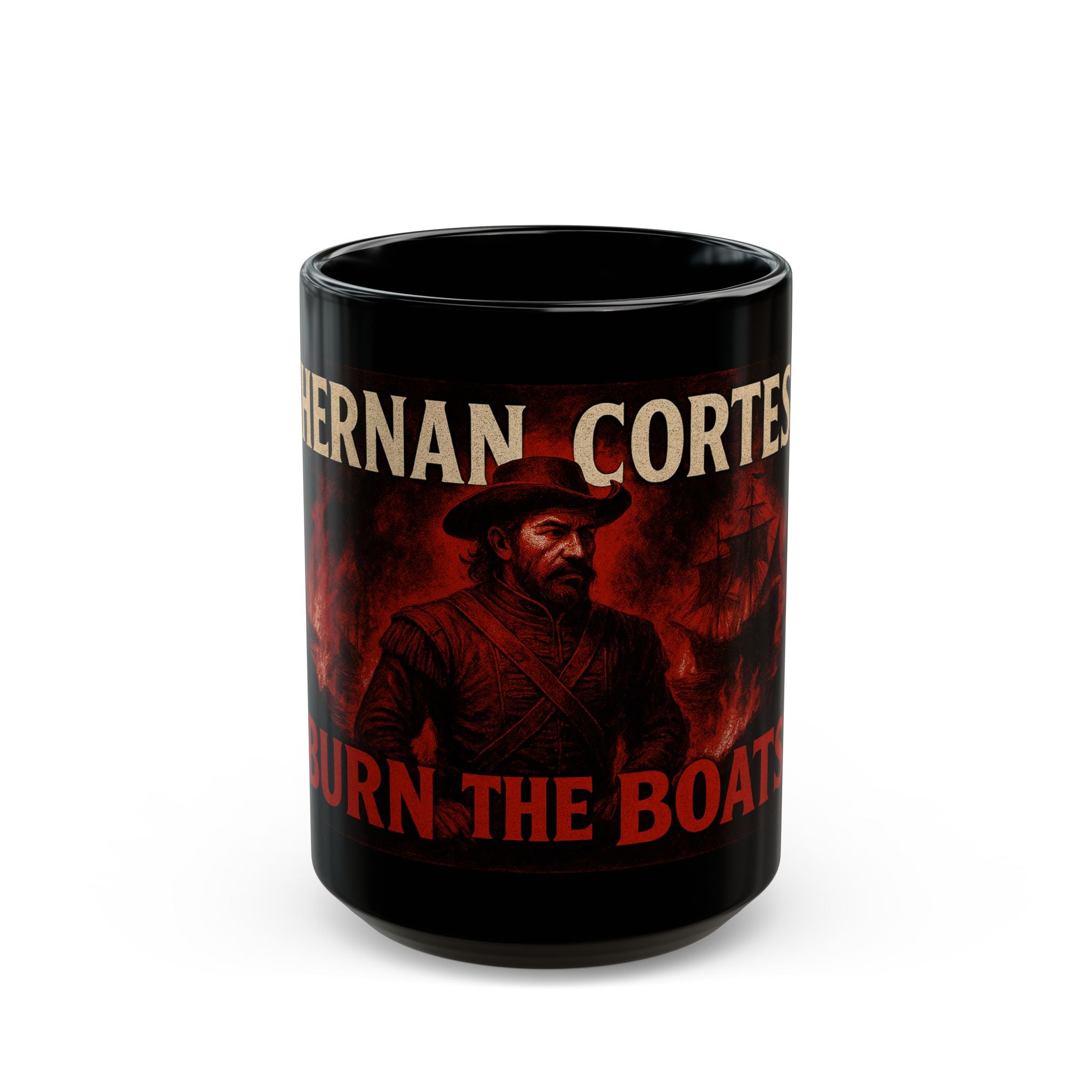 Unique Black Mug with Hernan Cortés Burn The Boats Design