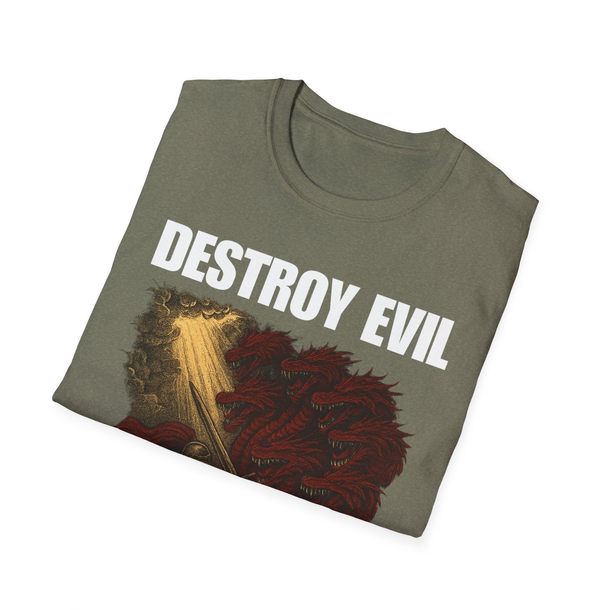 'Destroy Evil' Crusader Defeating the Great Red Dragon Design Graphic Softstyle T-Shirt