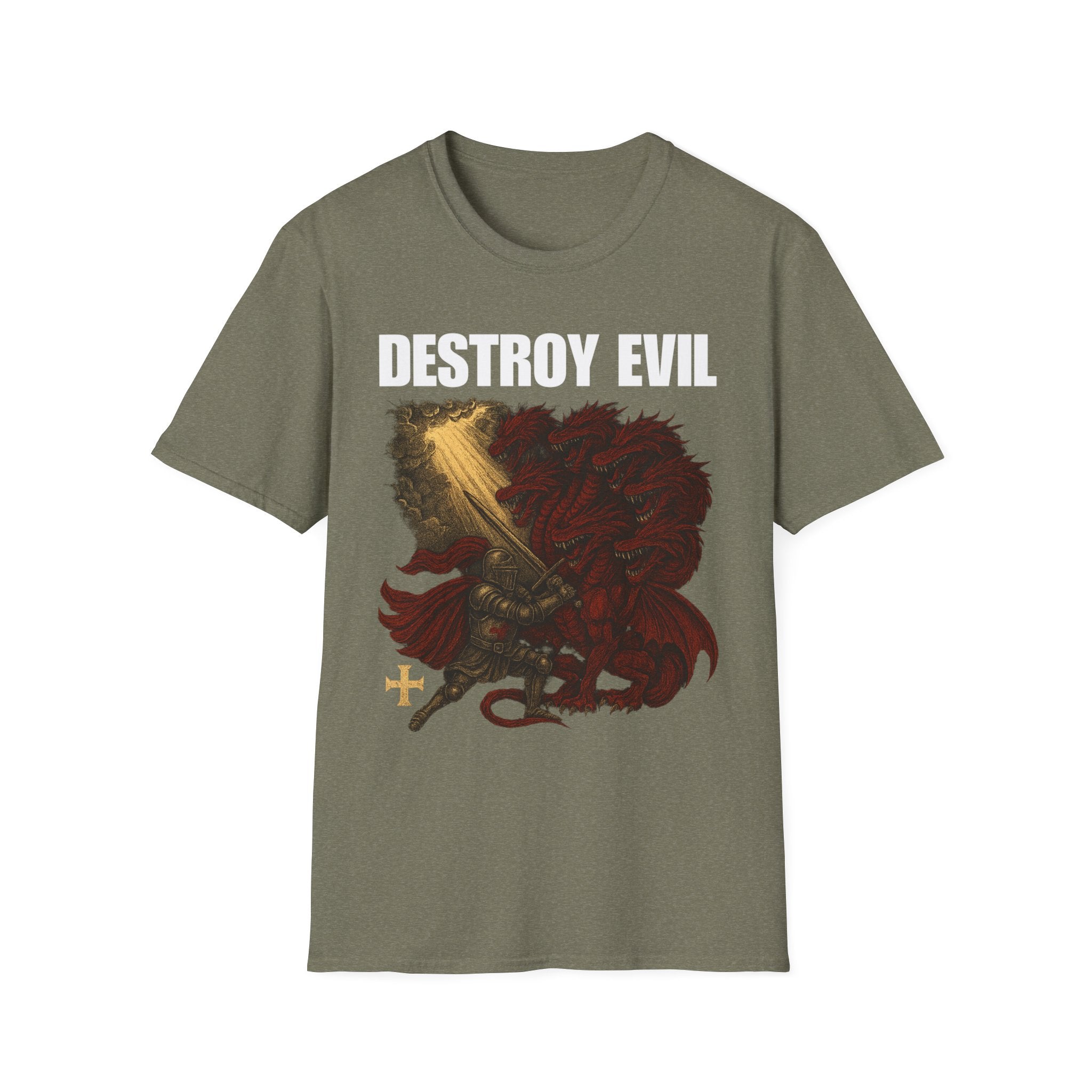 'Destroy Evil' Crusader Defeating the Great Red Dragon Design Graphic Softstyle T-Shirt