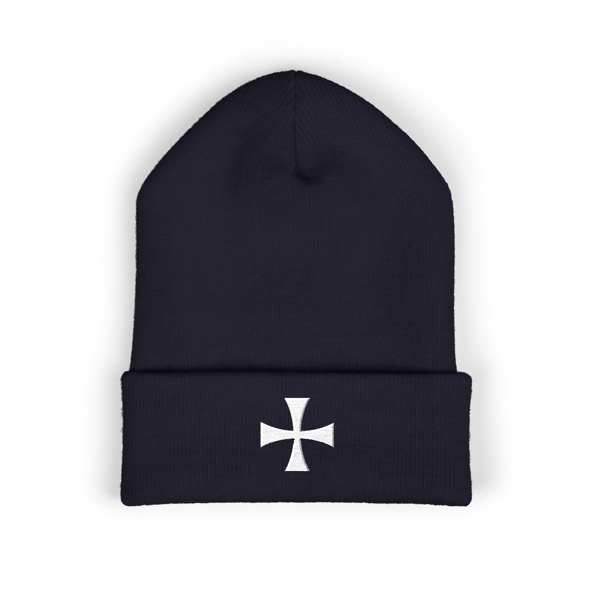 Teutonic Cross White Design Embroidered Cuffed Beanie Knit Hat