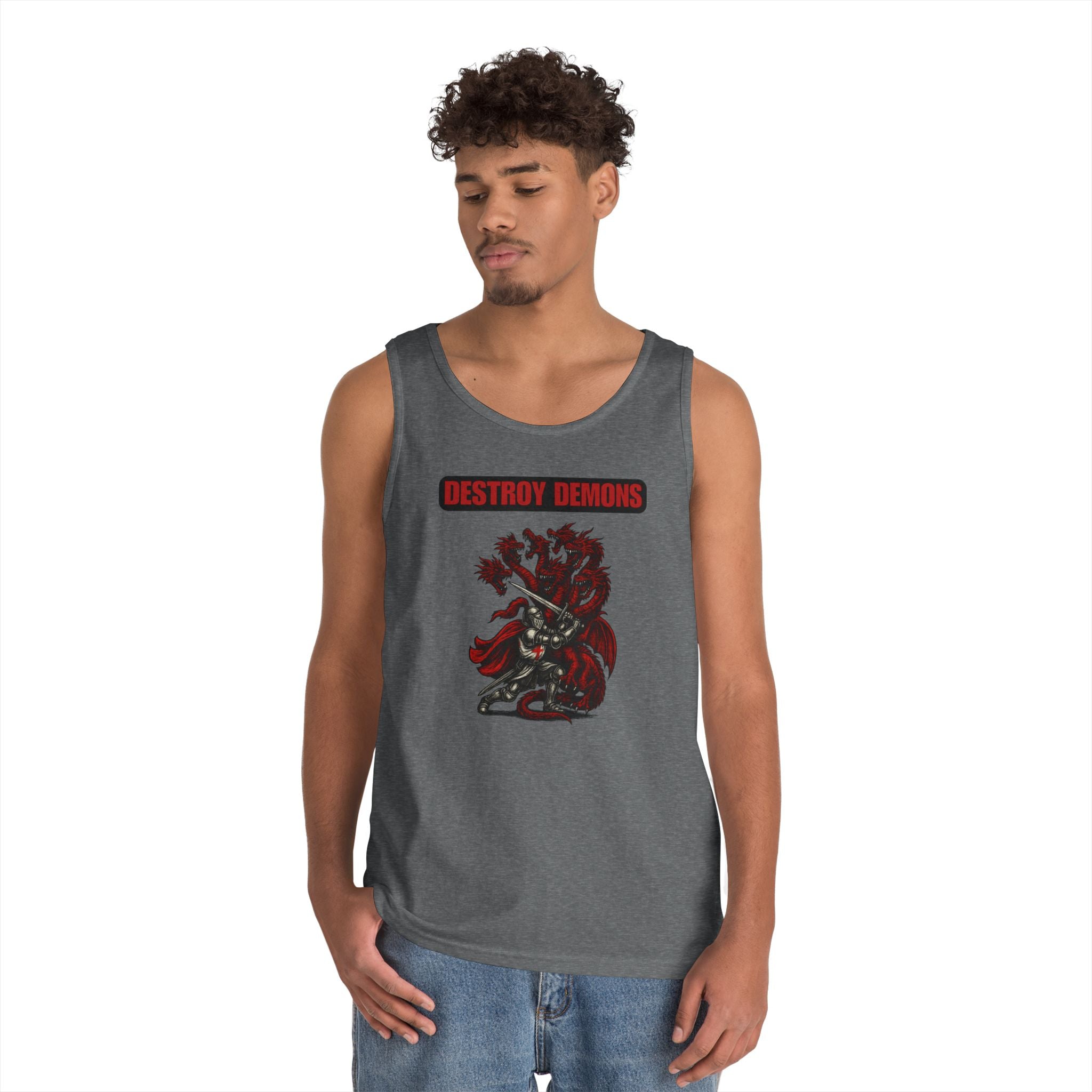 Destroy Demons Crusader Knight vs Dragon Heavy Cotton Tank Top